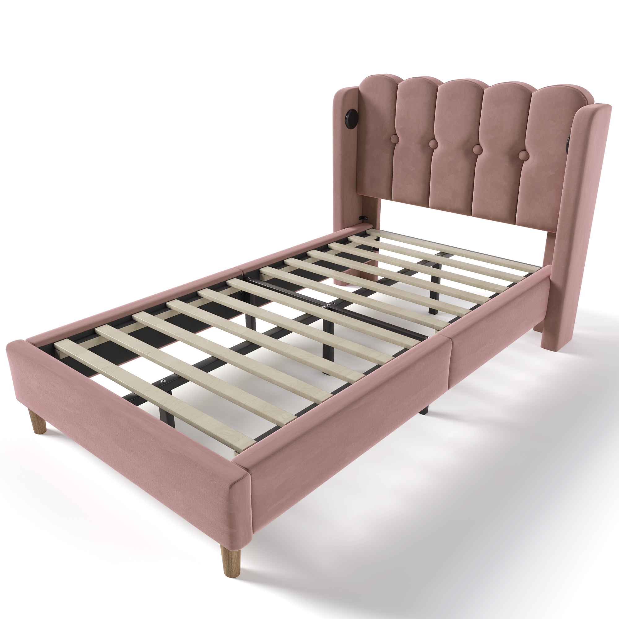 Matelas 406 ressorts + 2 mousses certifiée Oeko-Tex, lit avec tête de lit design panneau en velours rose, style rustique chaleureux, pour chambre, sommeil confortable, couleur rose clair, design élégant - image 14