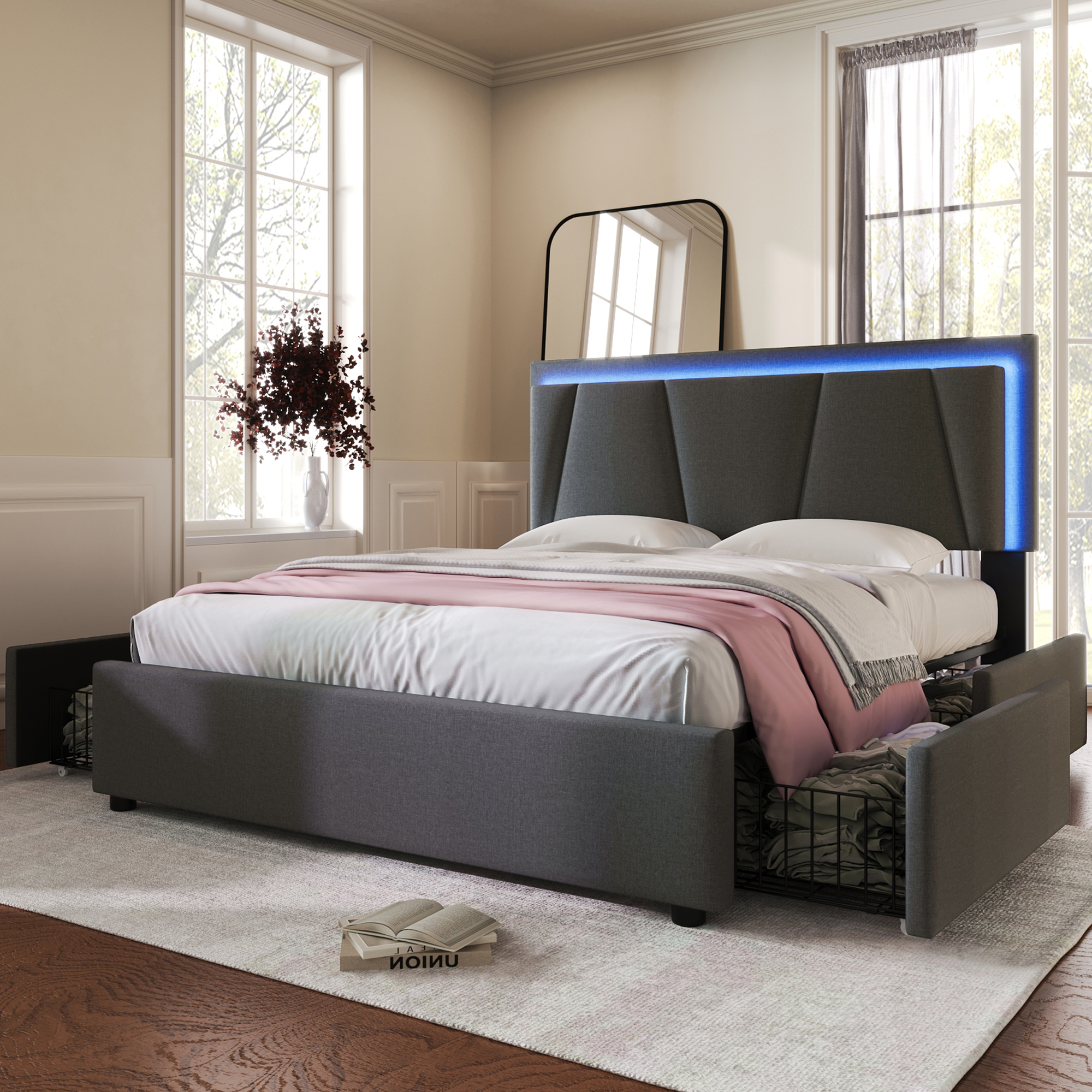 Polsterbett mit LED-Beleuchtung und 4 Schubladen,H