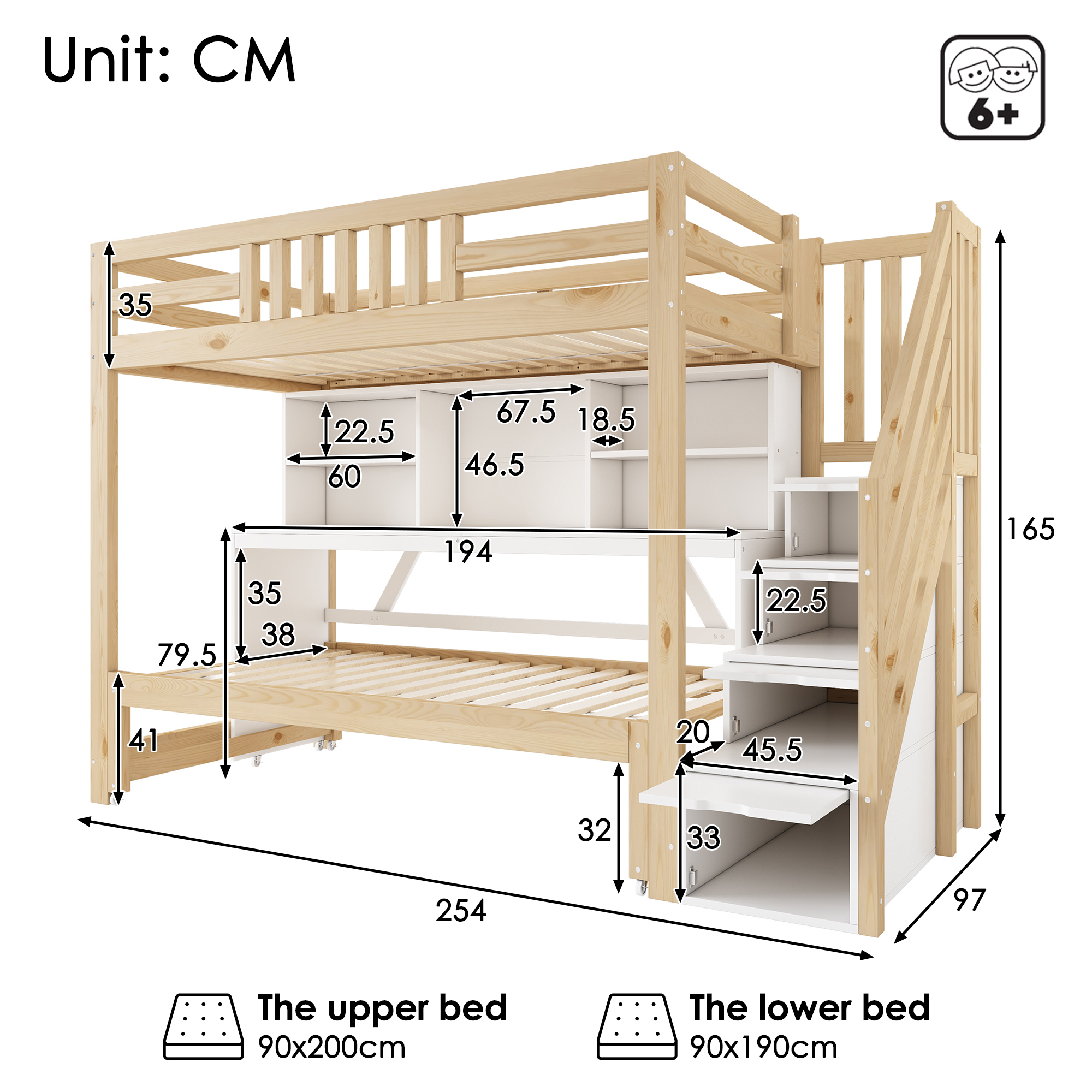 Détails du bureau mobile, de la bibliothèque et des rangements du lit mezzanine enfant