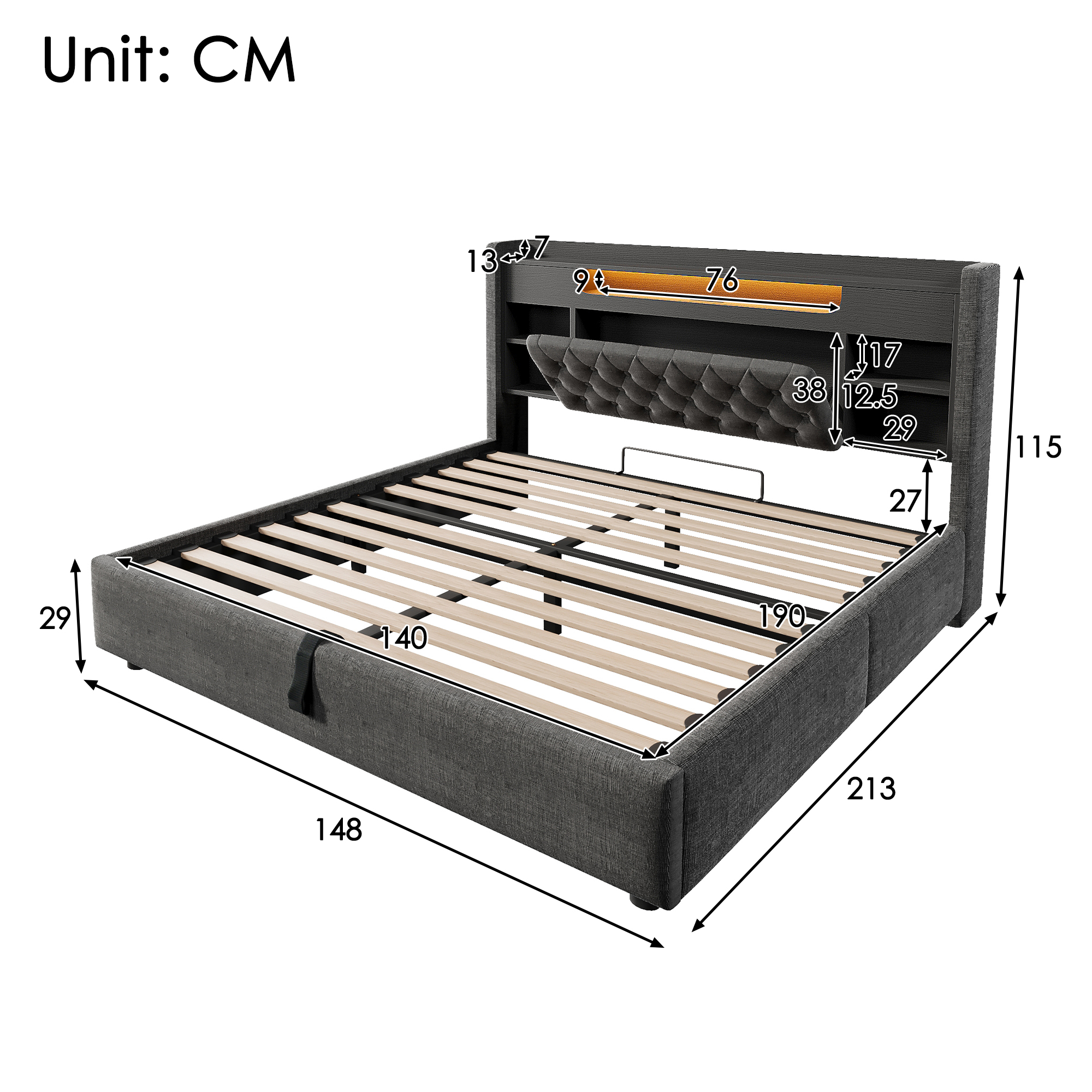 Lit rembourré 140 x 190 cm avec éclairage LED, port USB / Type-C, rangements intégrés, rangement hydraulique, gris - vue complémentaire 1
