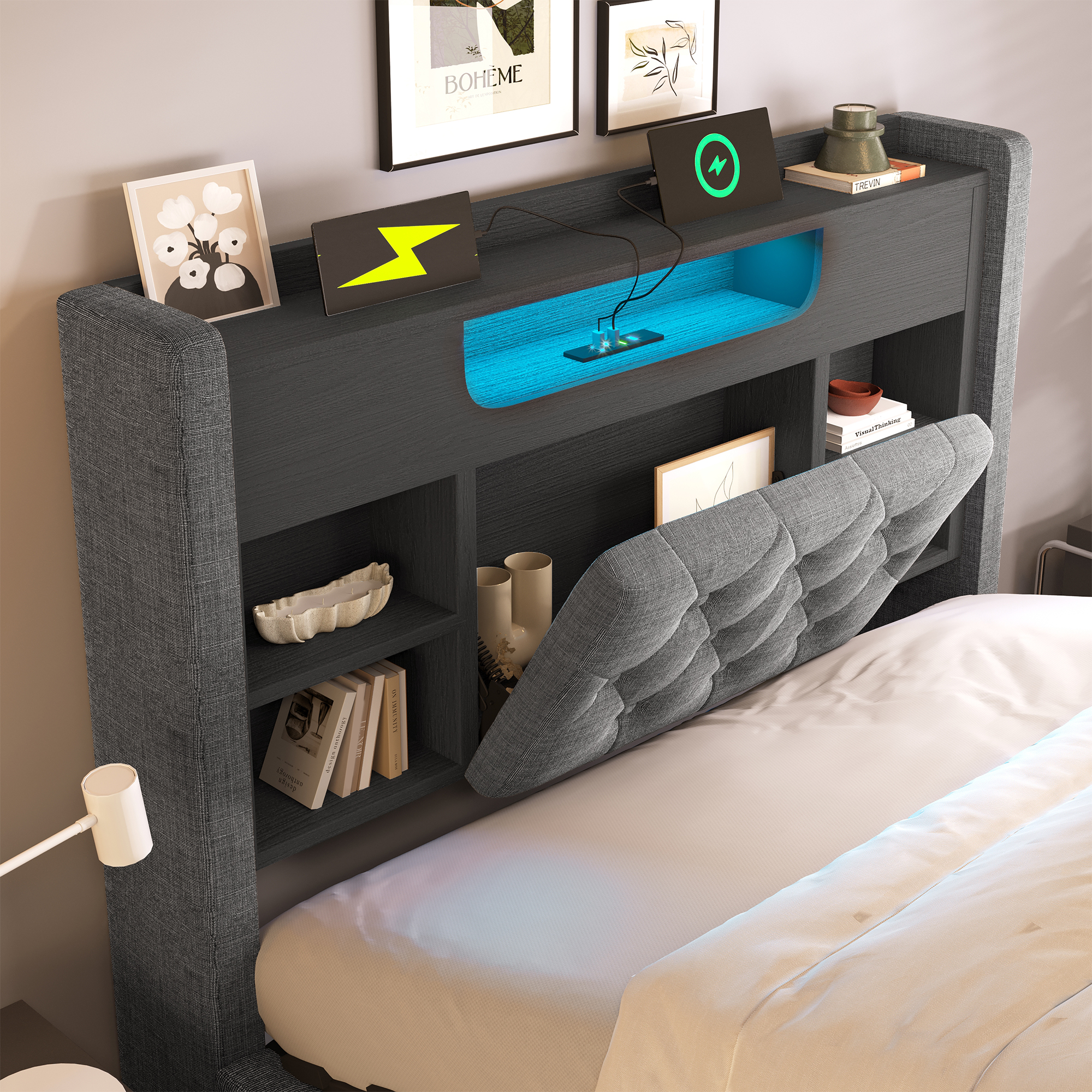 Lit rembourré 90 x 200 cm avec éclairage LED, port USB / Type-C, rangements intégrés, rangement hydraulique, gris - présentation 1