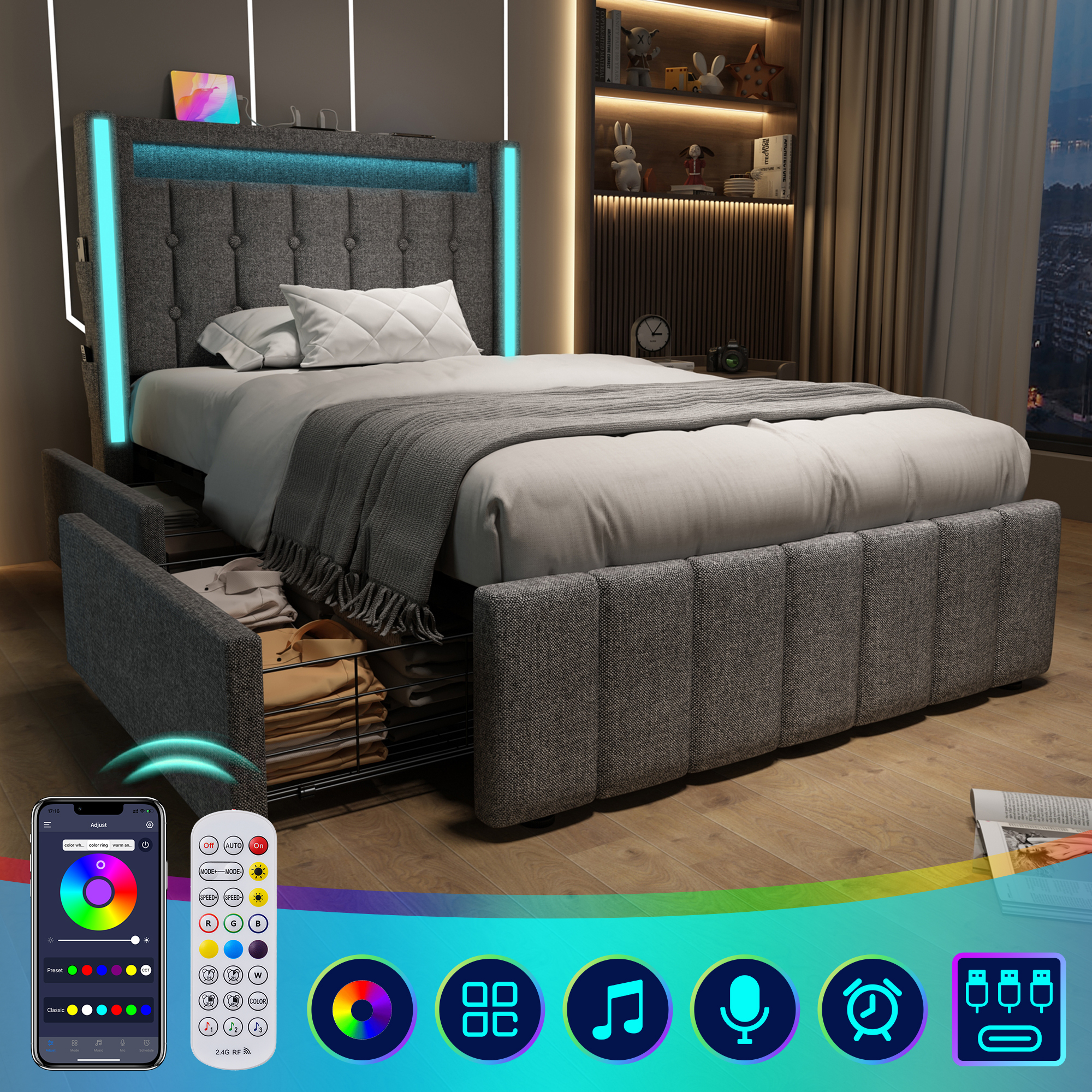 Polsterbett USB Typ C Ladefunktion LED-Beleuchtung