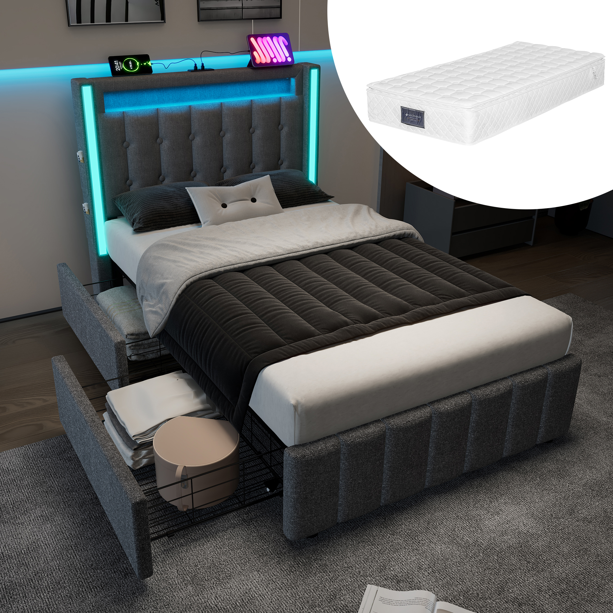 Polsterbett USB Typ C Ladefunktion LED-Beleuchtung