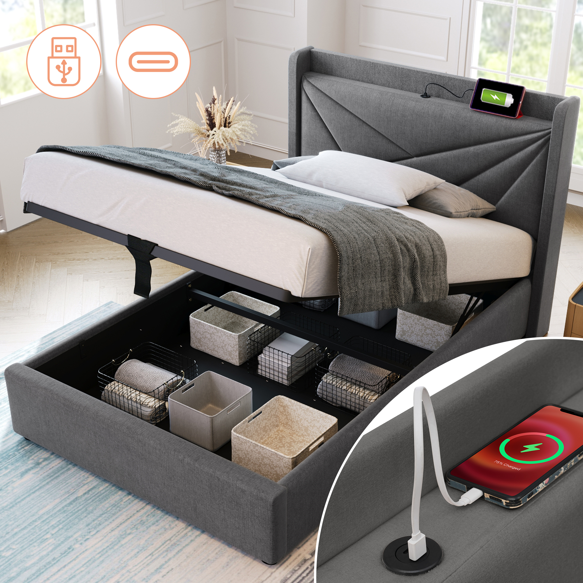 Polsterbett Einzelbett Stauraum Bettkasten mit USB