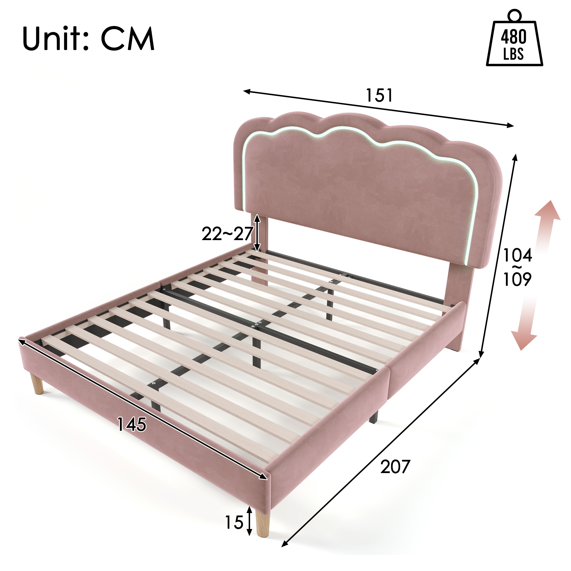 Polsterbett LED Doppelbett 140 x 200cm, Bettgestel