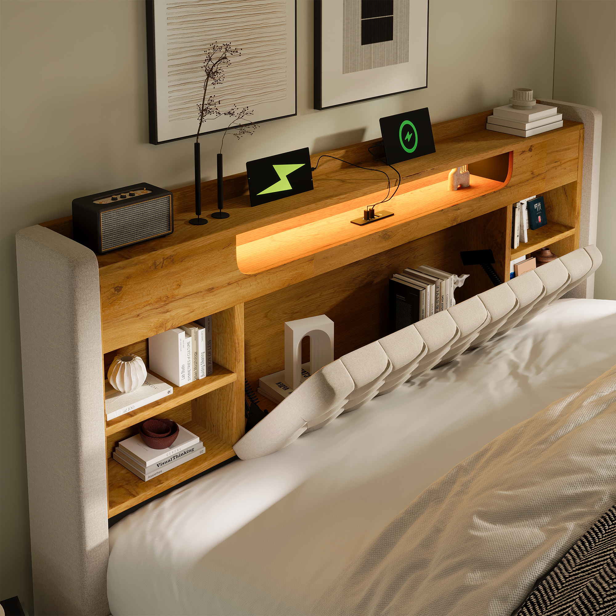 Tête de lit avec rangements effet chêne