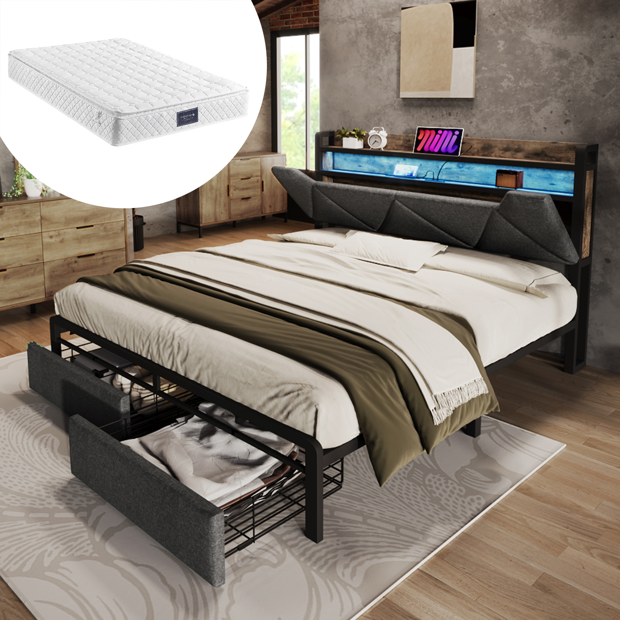 Polsterbett mit USB Typ C Ladefunktion Stauraum-Ko