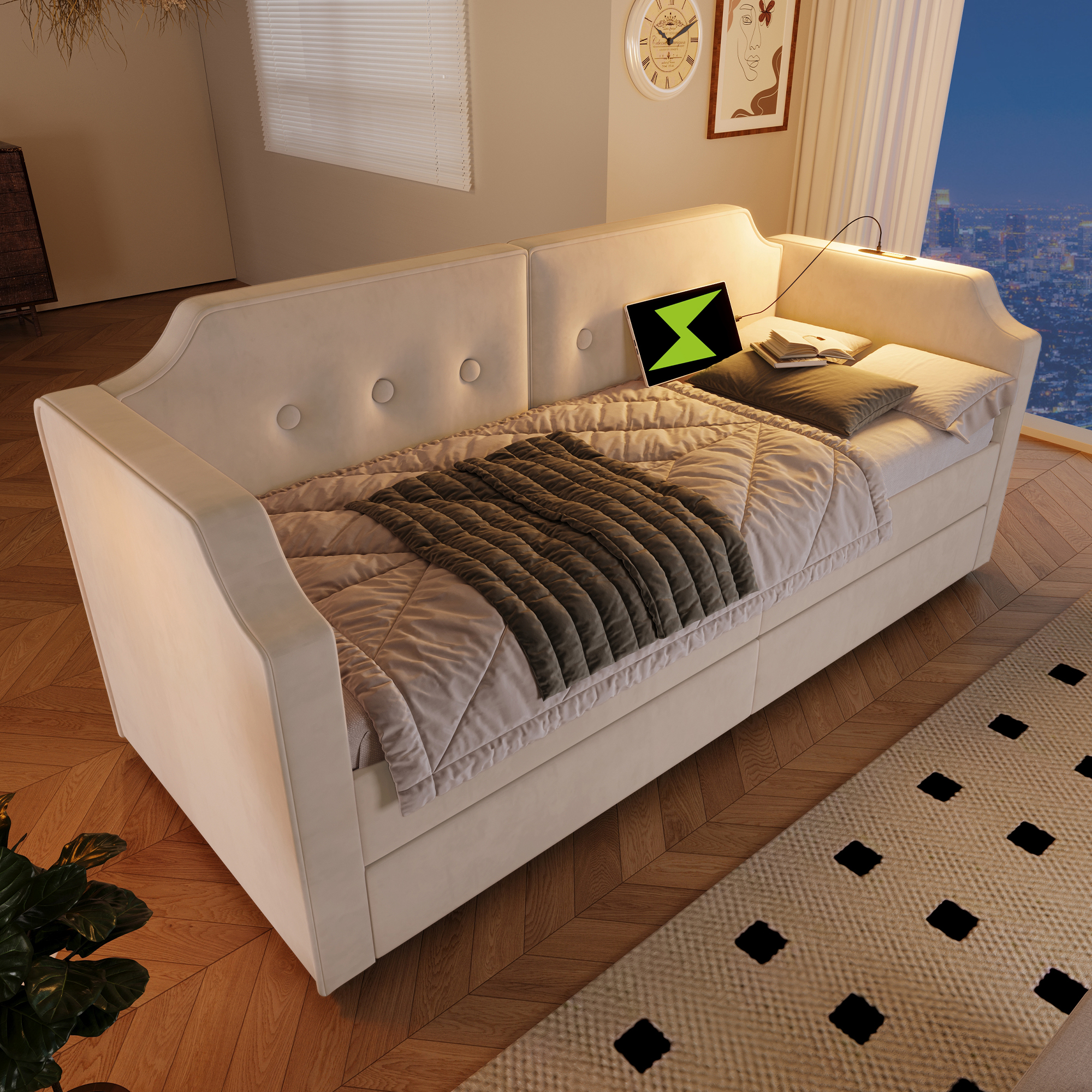Lit enfant, ports USB, avec tiroirs, 90 x 200 cm, velours, beige - vue 3