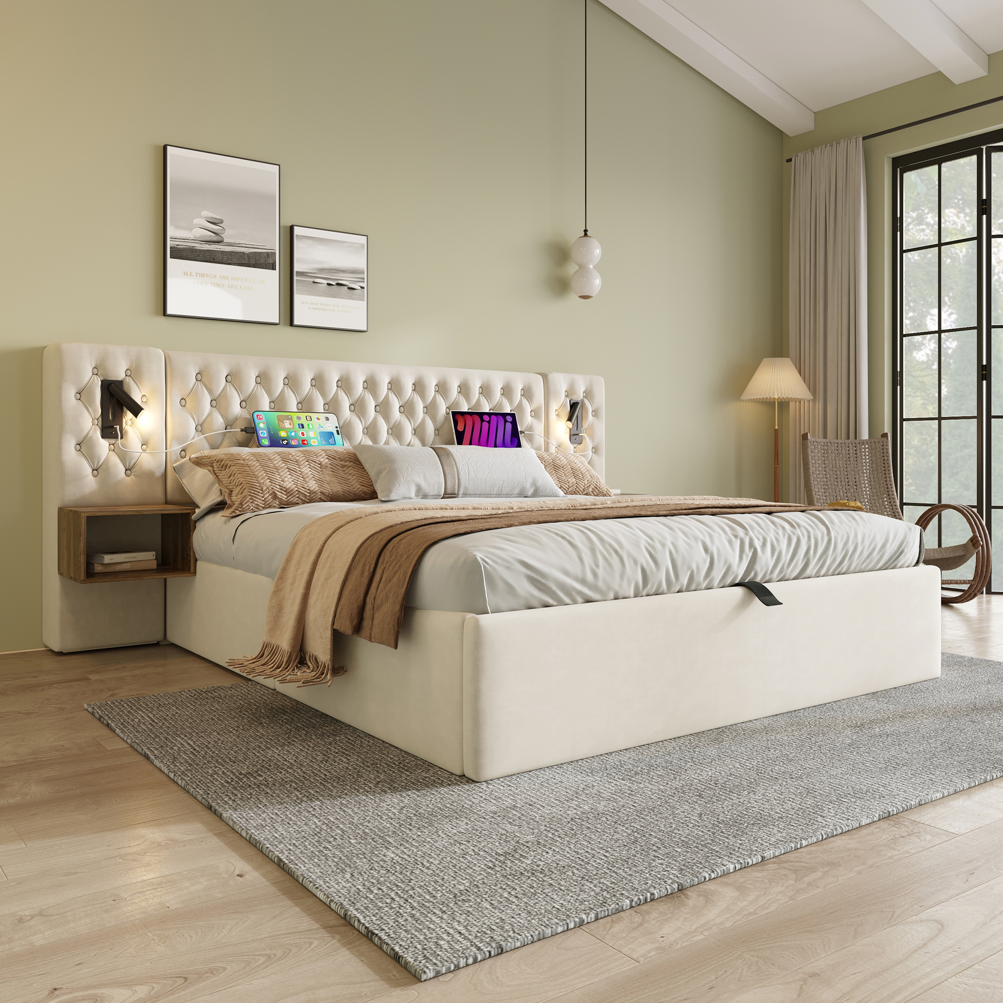 Lit coffre 180x200 cm beige avec deux chevets, lampes de lecture et ports USB