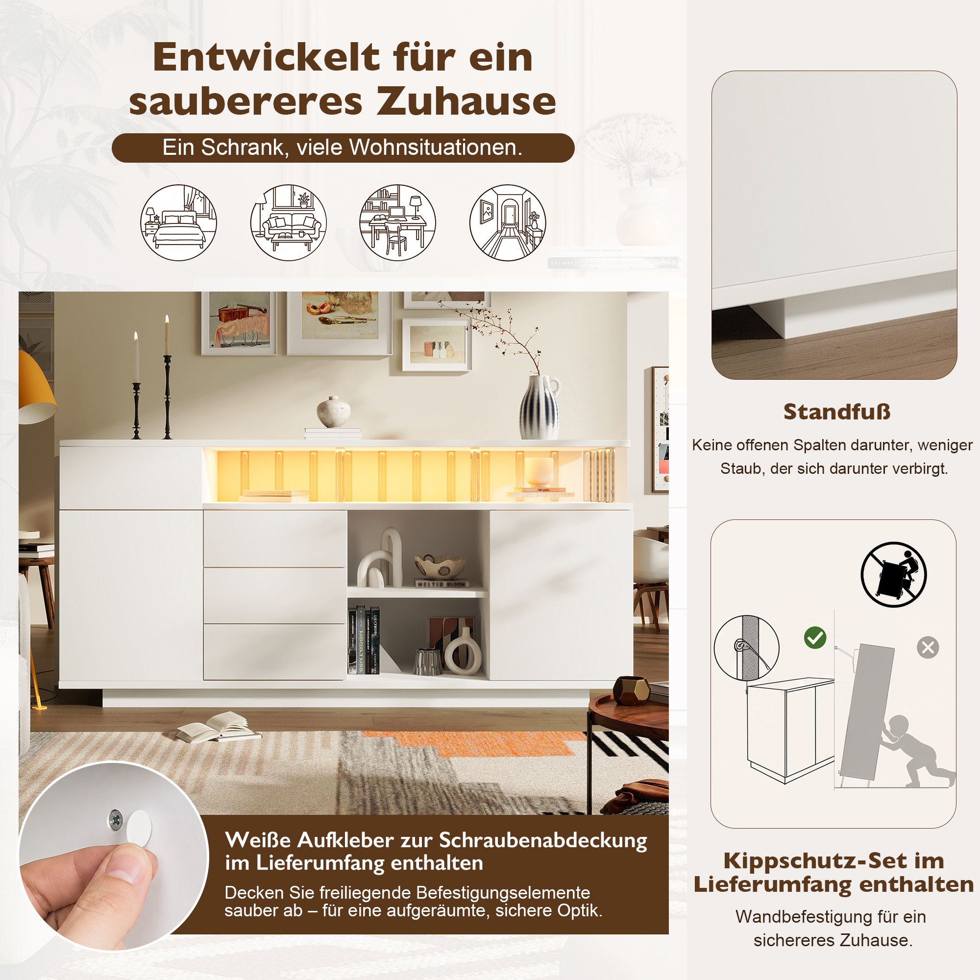 Commode, éclairage LED, avec tiroirs, 160 x 40 x 75 cm, bois, blanc - vue 6