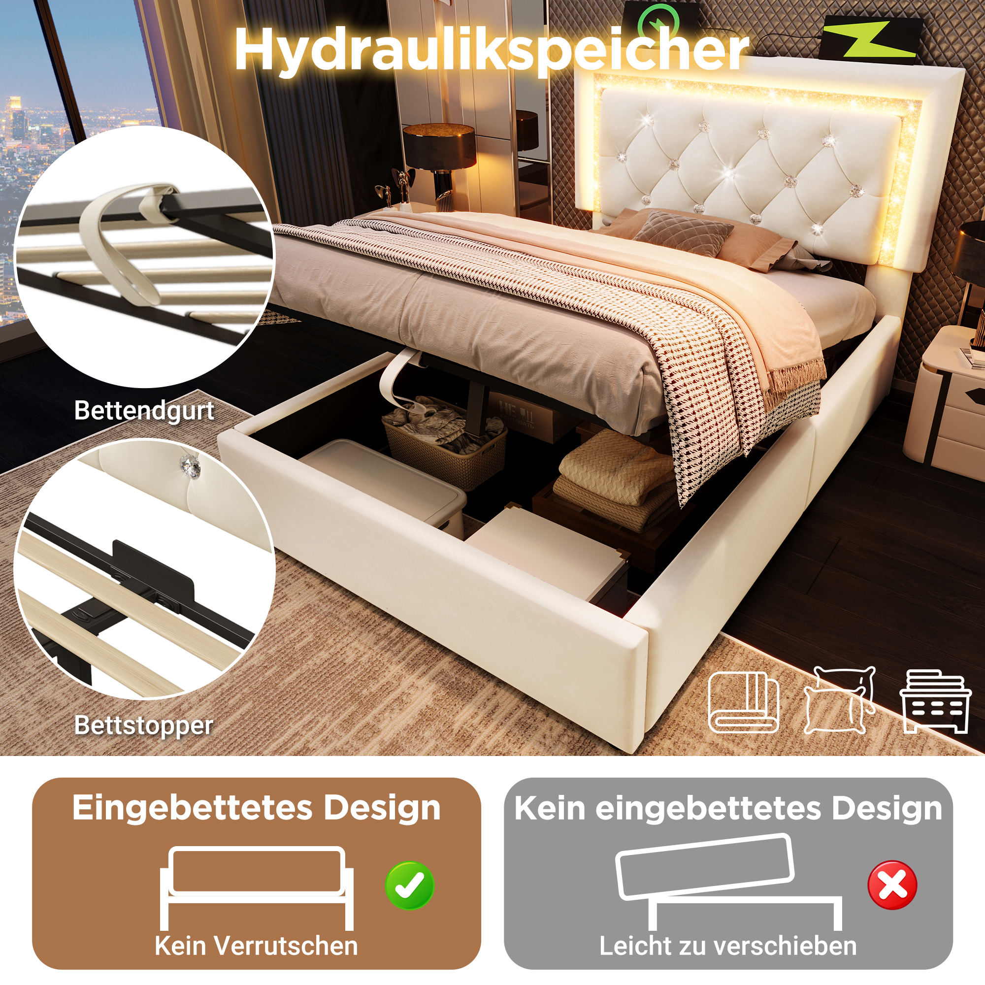 Polsterbett 90x200 cm Samt Einzelbett mit LED-Diam