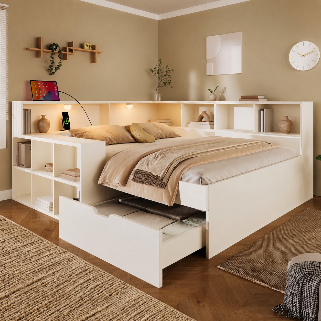 Lit blanc 140x200 cm avec rangements, lampes intégrées et ports USB