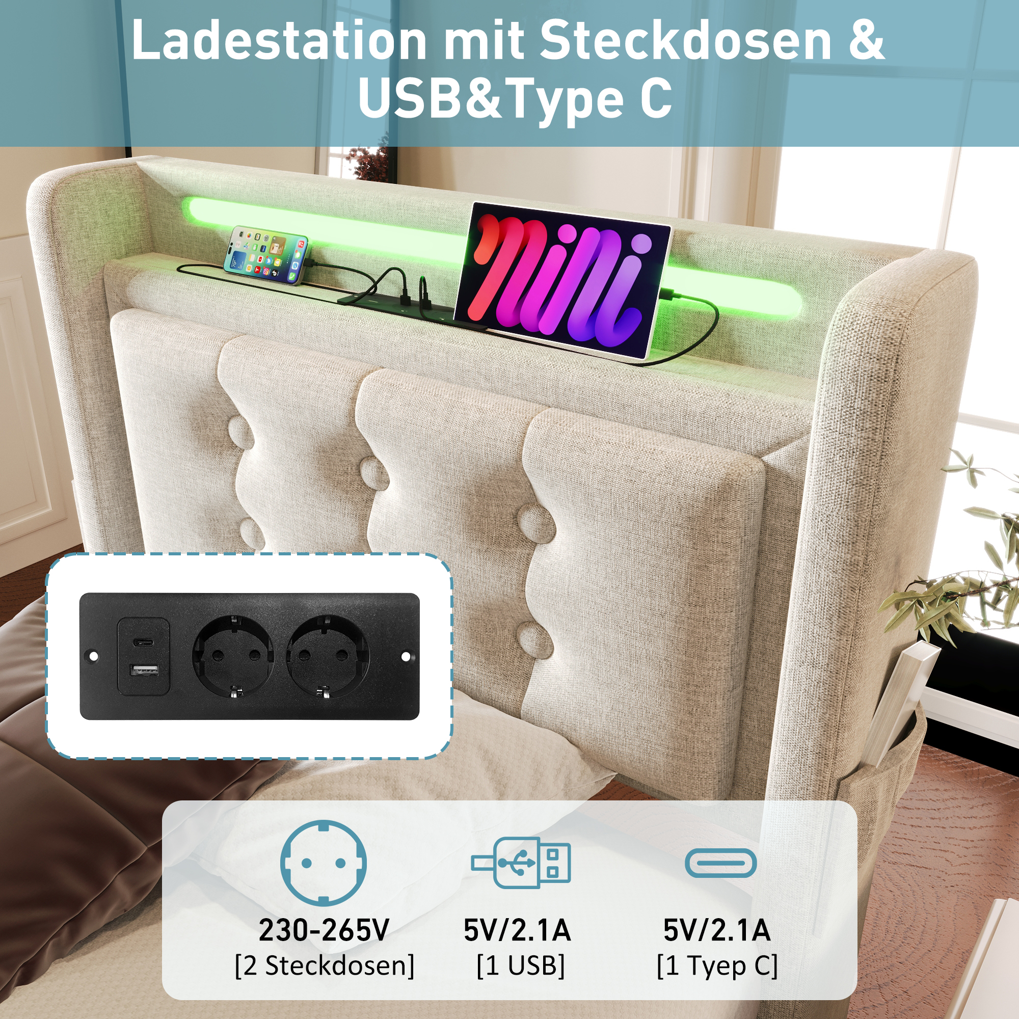 Polsterbett 90x200, Einzelbett mit Led-Kopfteil un