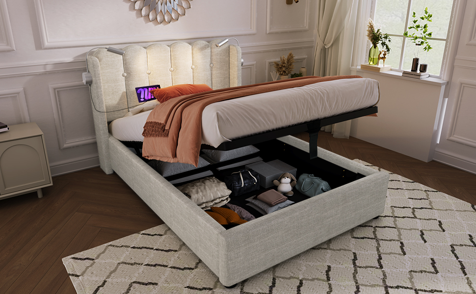 Matelas 406 ressorts + 2 couches mousse, certifiée Oeko-Tex 100, lit avec tête de lit lin gris design panneau, lampe de lecture positionnée, pour chambre, sommeil confortable, style rustique chaleureux - image 8