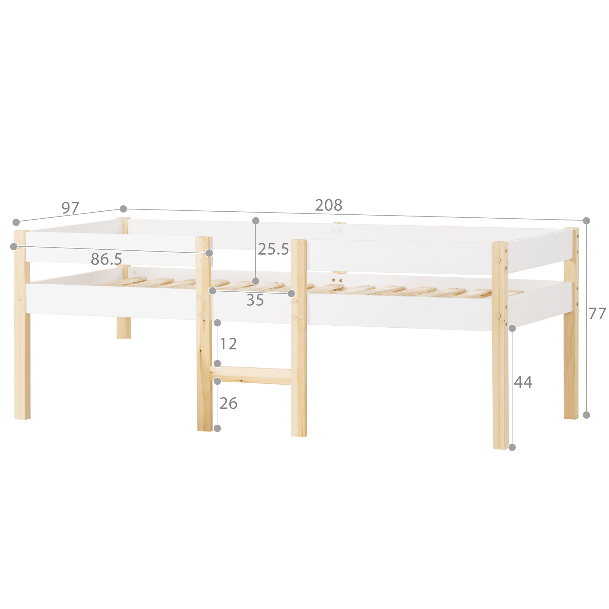 Lit mezzanine enfant blanc 90 x 200 cm, barrière et échelle, pin massif, 208 x 97 x 77 cm, blanc chêne