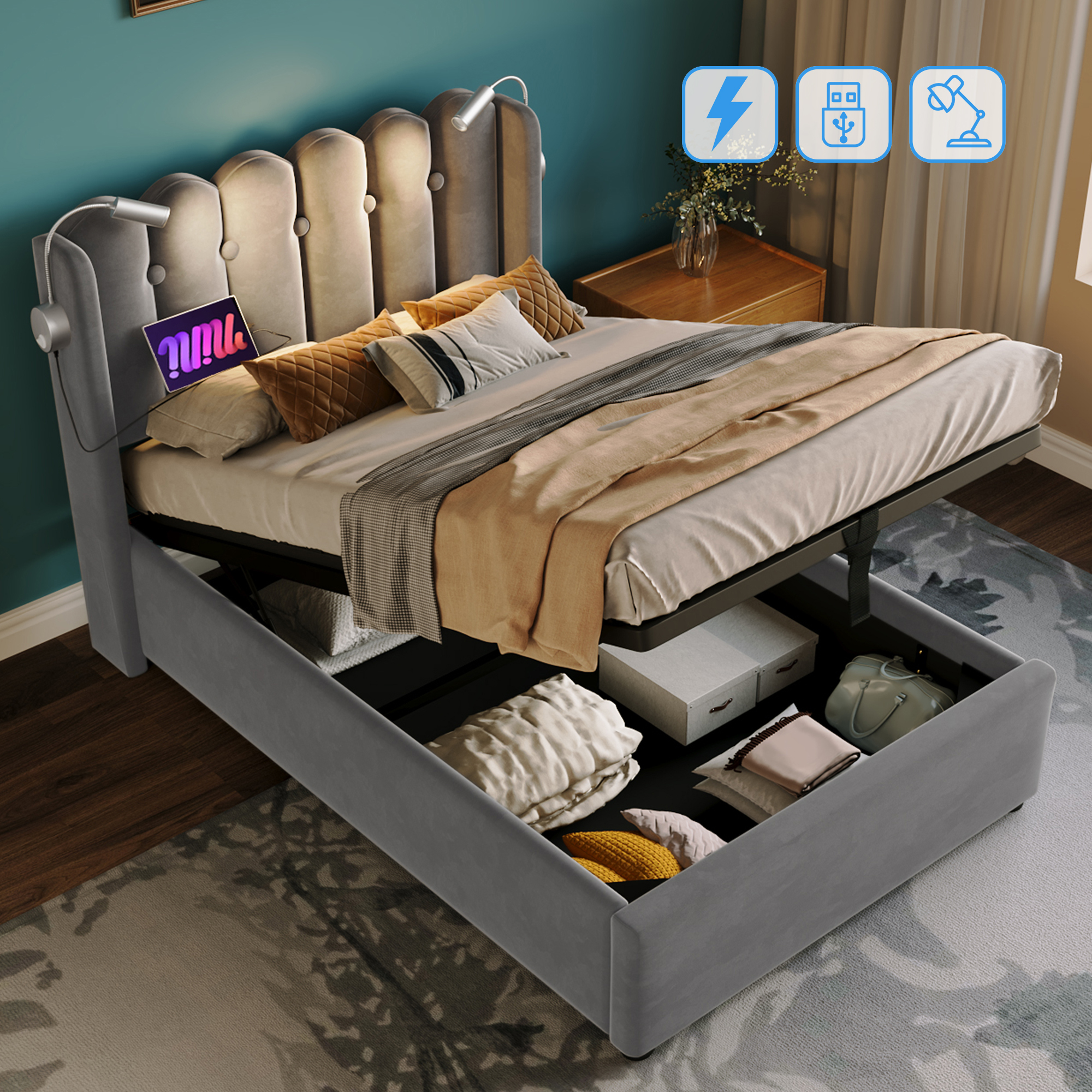 Polsterbett Einzelbett Leselicht mit Ladefunktion 