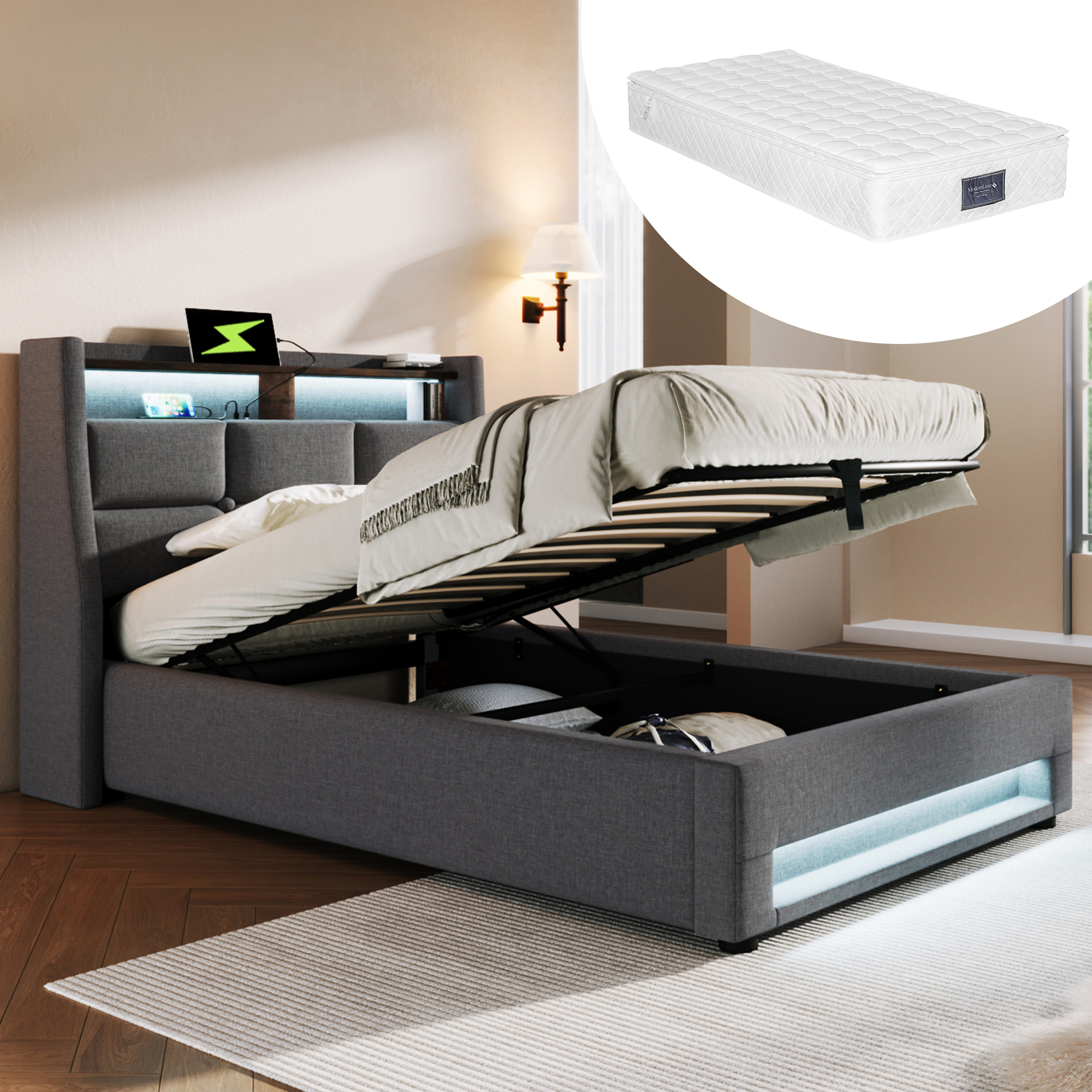 Polsterbett mit USB 90x200cm,LED  Einzelbett  mit 
