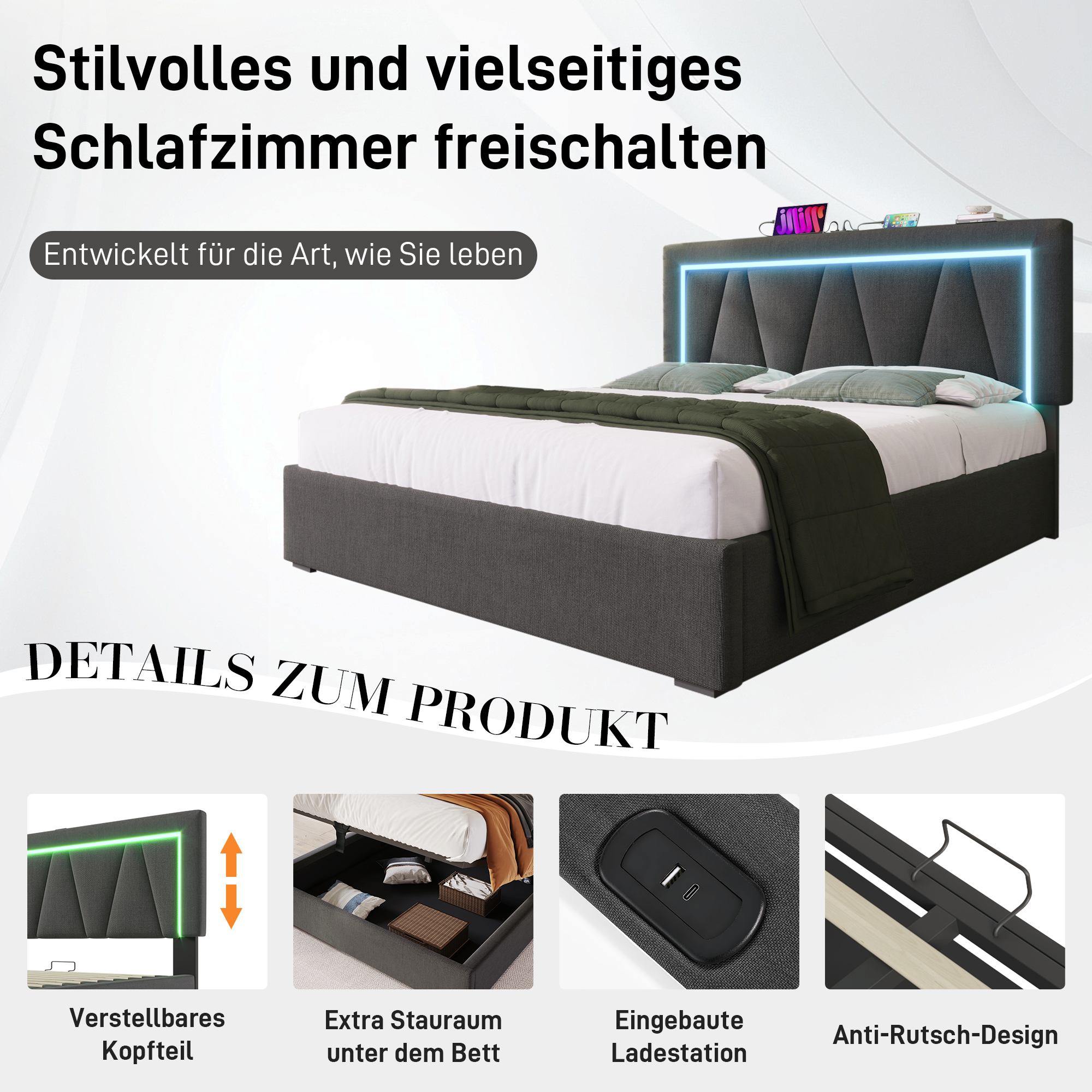 Polsterbett LED Doppelbett mit USB Typ C Ladefunkt