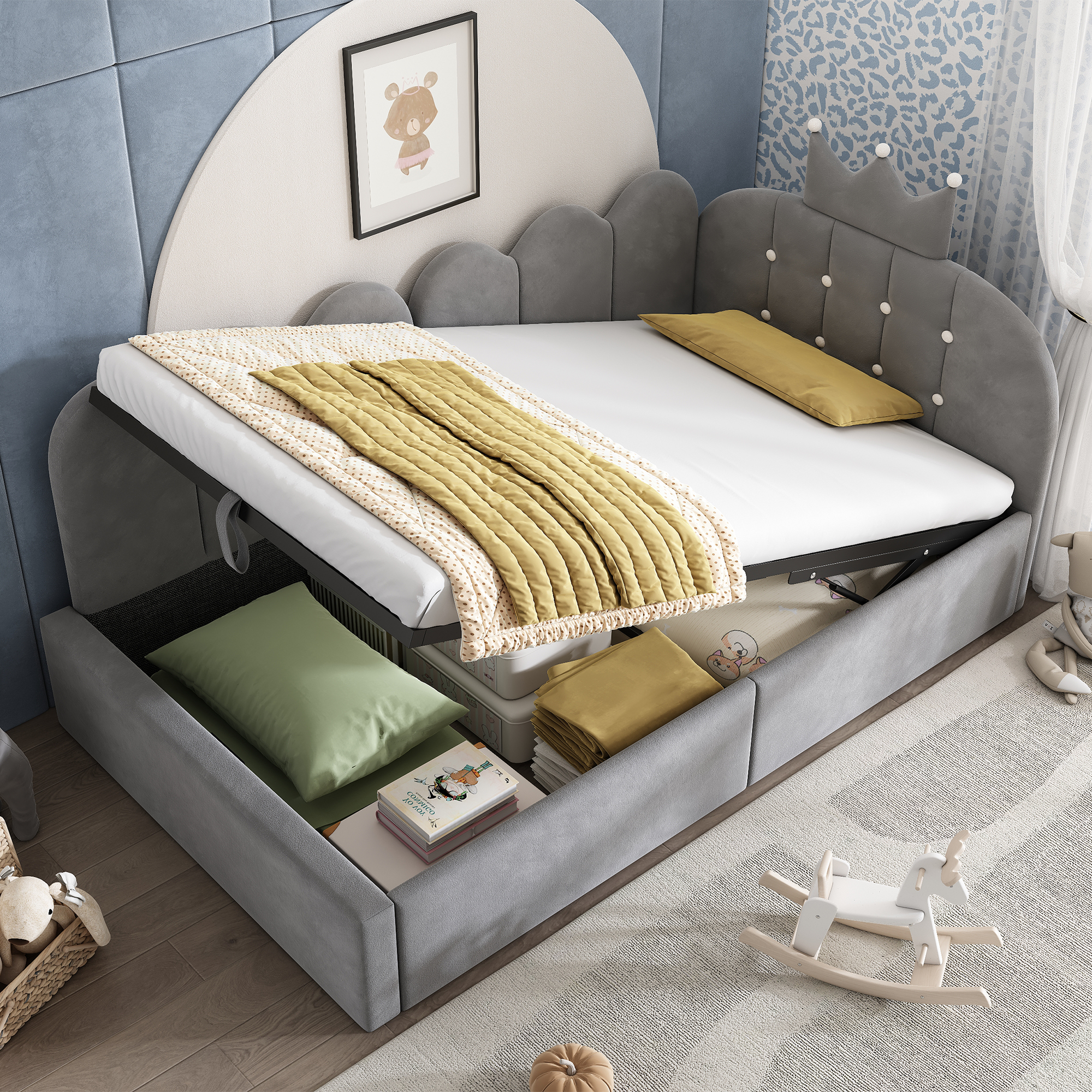 Lit banquette, 90 x 190 cm, velours, gris - vue 7