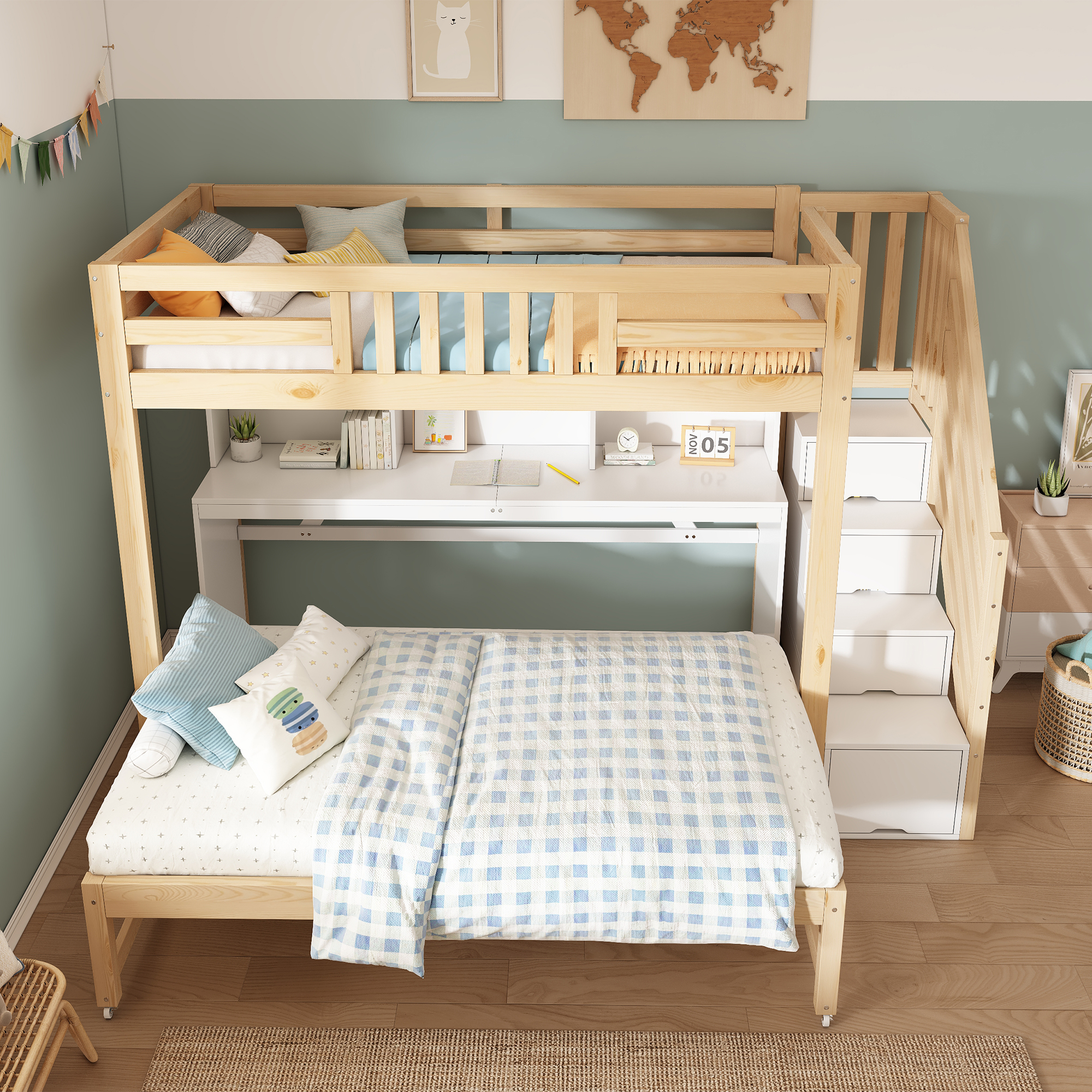Lit mezzanine enfant blanc et effet chêne avec couchage inférieur sur roulettes, bureau mobile et rangements
