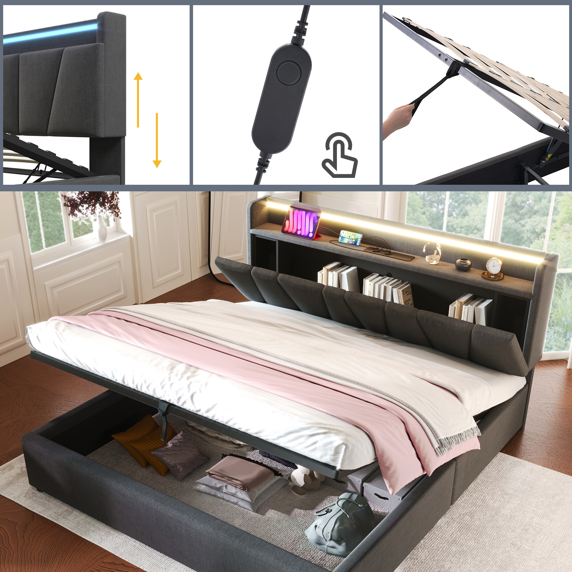 lit double rembourré gris 140x200 cm tête de lit rangement avec prises, USB, Type-C et LED RGBW