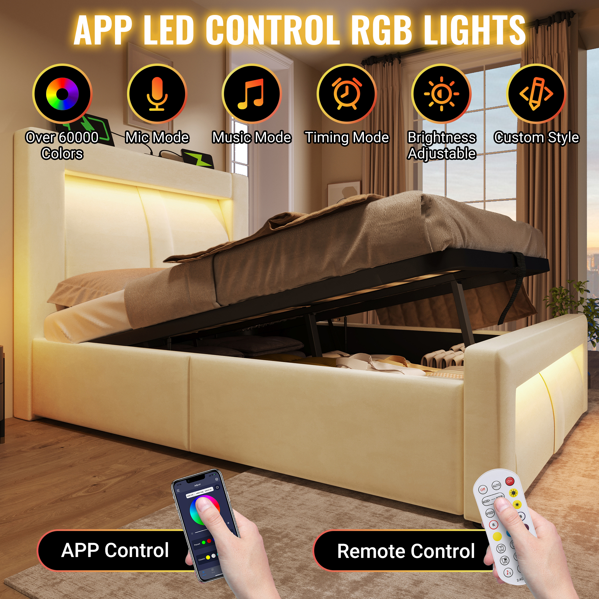 Présentation de Lit coffre rembourré en velours 140 x 200 cm avec rangement hydraulique, LED, ports USB-C et sommier à lattes, Beige, sans matelas