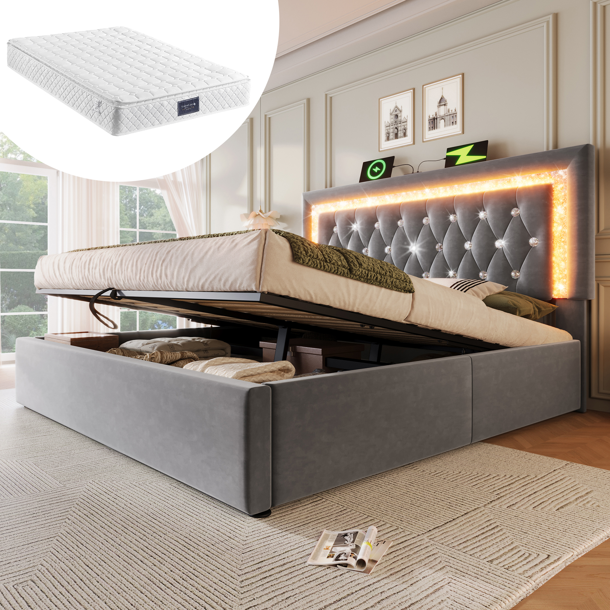 Polsterbett 140x200 cm Samt Doppelbett mit LED-Dia