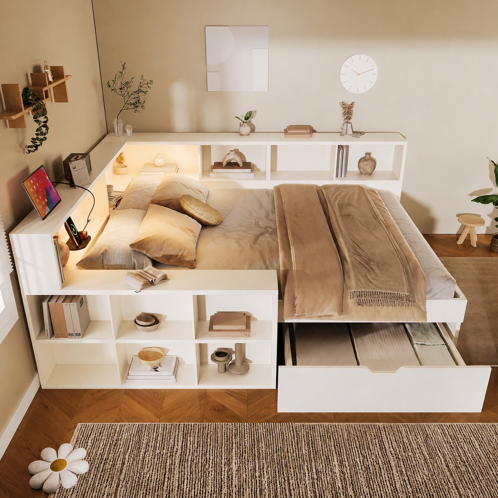 Lit banquette en bois 140 x 190 cm avec tiroirs, ports USB-C, lampe de lecture et rangements, Blanc, sans matelas