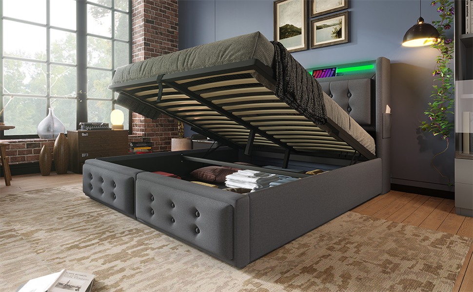 Polsterbett 140x200, Doppelbett mit Led-Kopfteil u