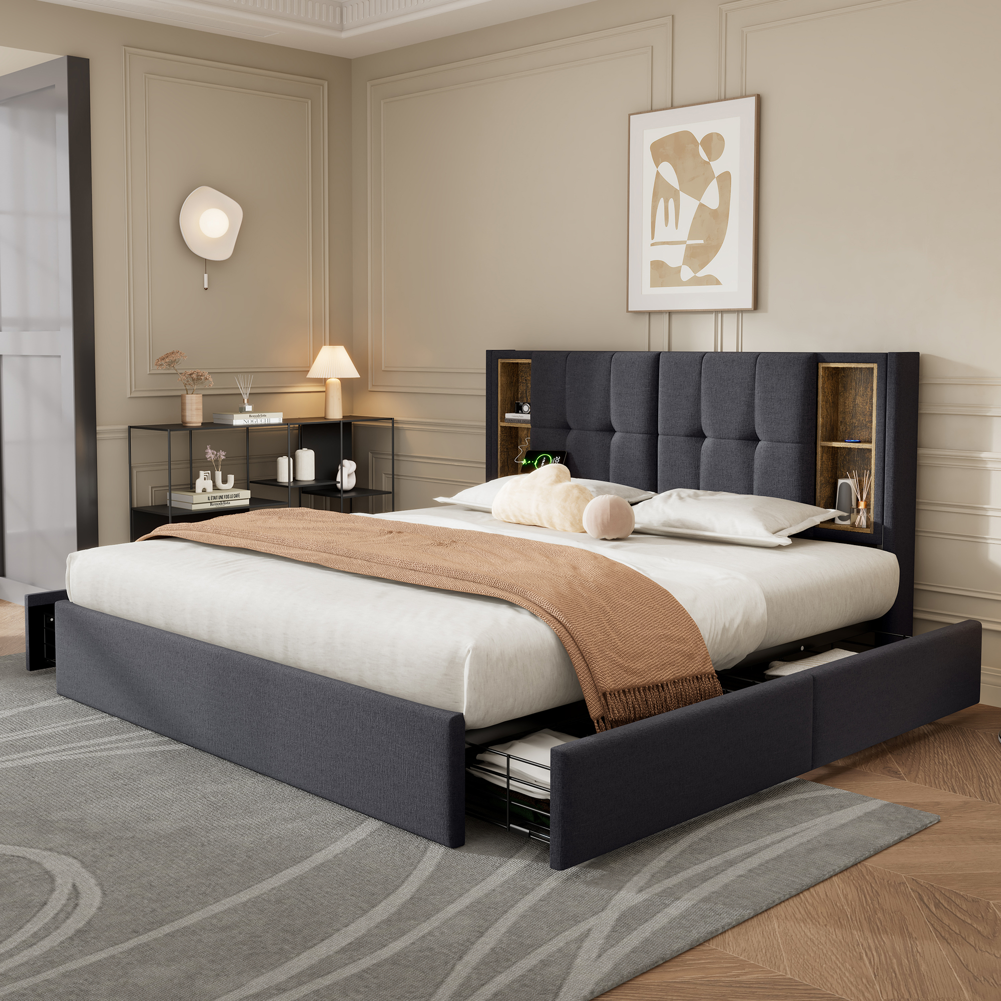 aperçu ambiance lit rembourré avec recharge sans‑fil dans la chambre