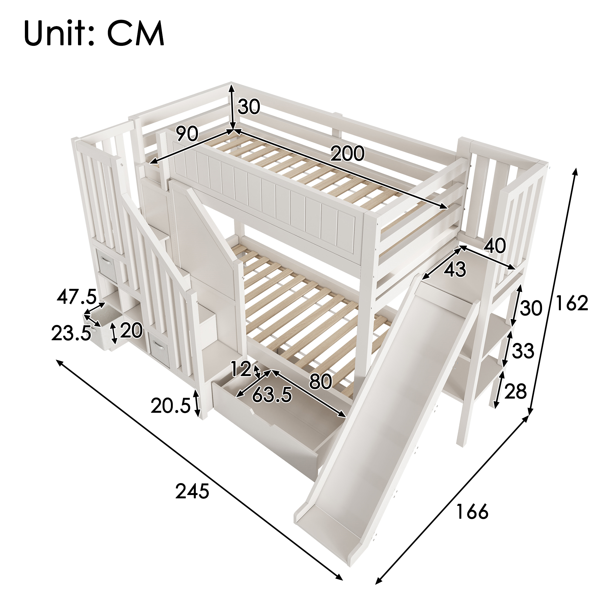 Lit superposé 2 couchages 90 x 200 cm avec toboggan, rangements et garde-corps Blanc - points forts 1