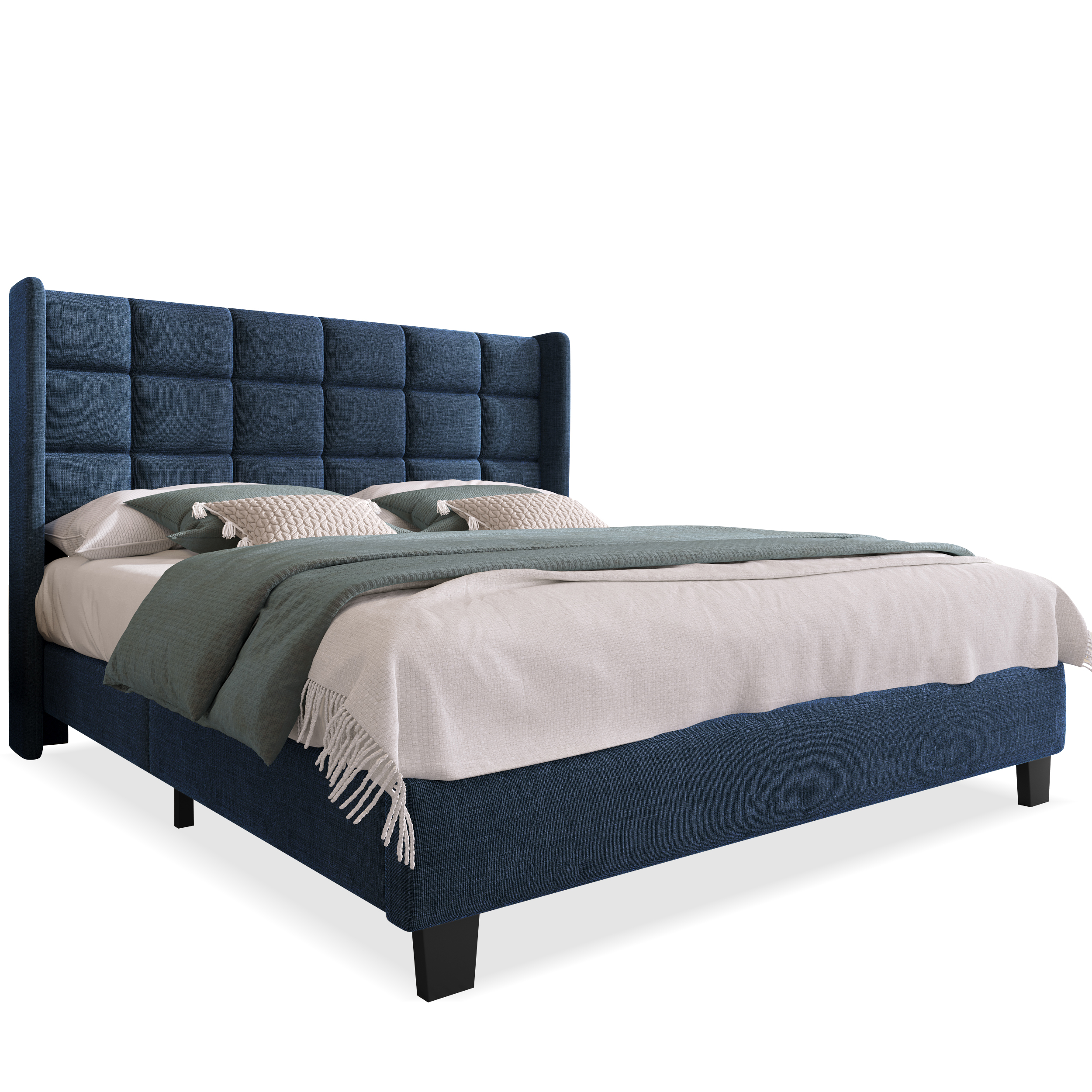 Lit rembourré classique en tissu bleu, tête de lit haute, pieds noirs, sommier à lattes bois inclus, design élégant intemporel, pour chambre, soutien confortable, lecture et repos, qualité durable - image 3