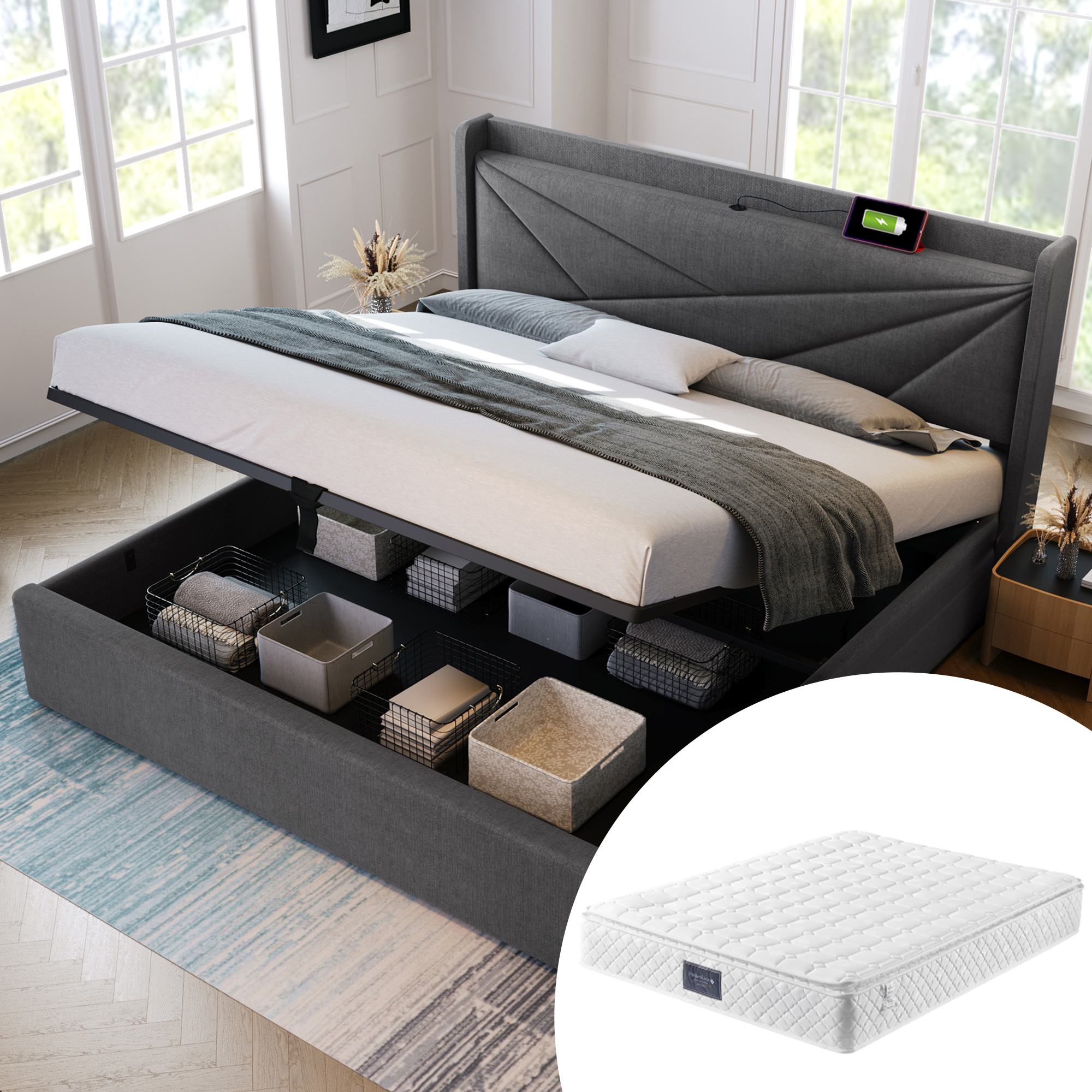 Polsterbett Doppelbett Stauraum Bettkasten mit USB