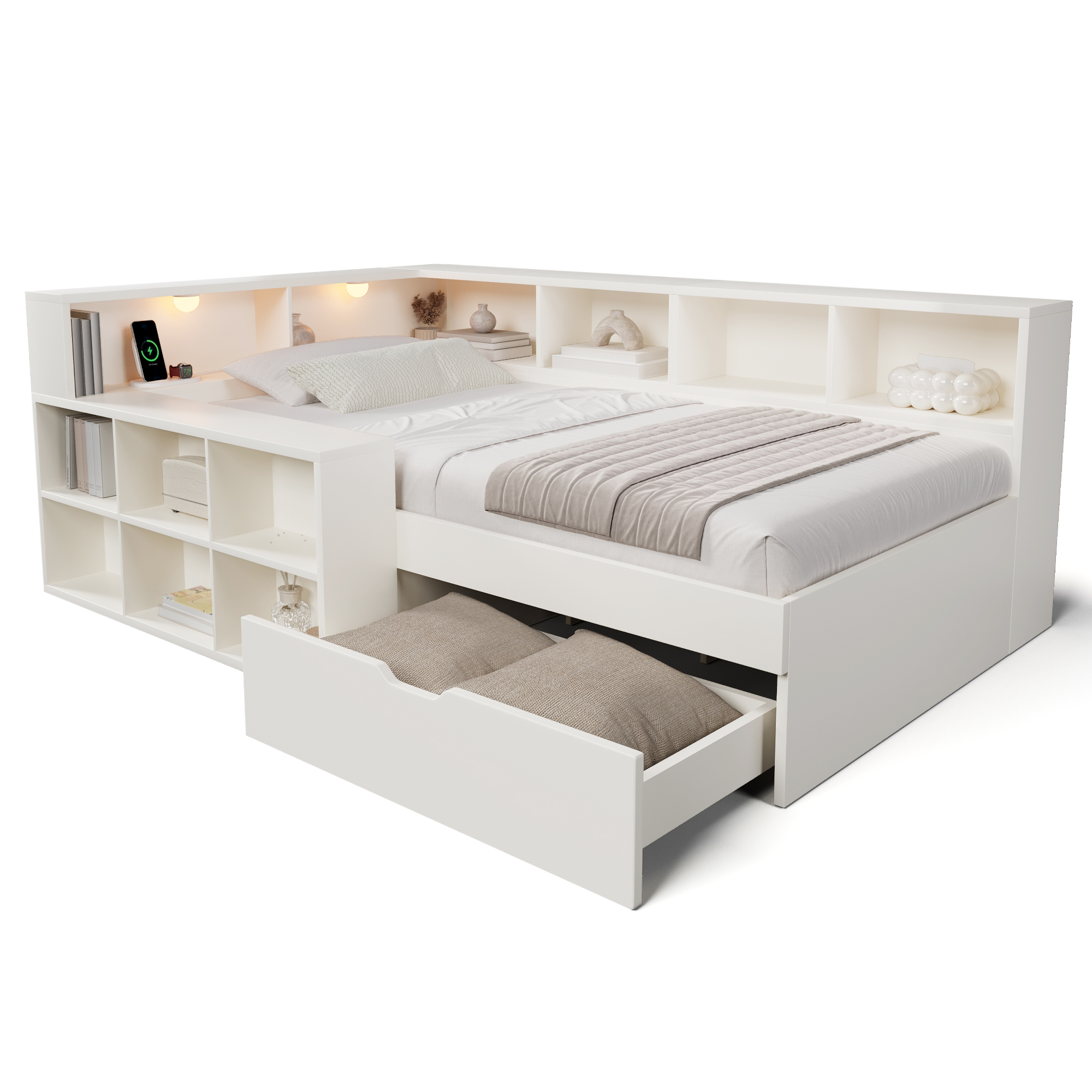 Détails de Lit banquette en bois 90 x 200 cm avec tiroirs, ports USB-C, lampe de lecture et rangements, Blanc, sans matelas