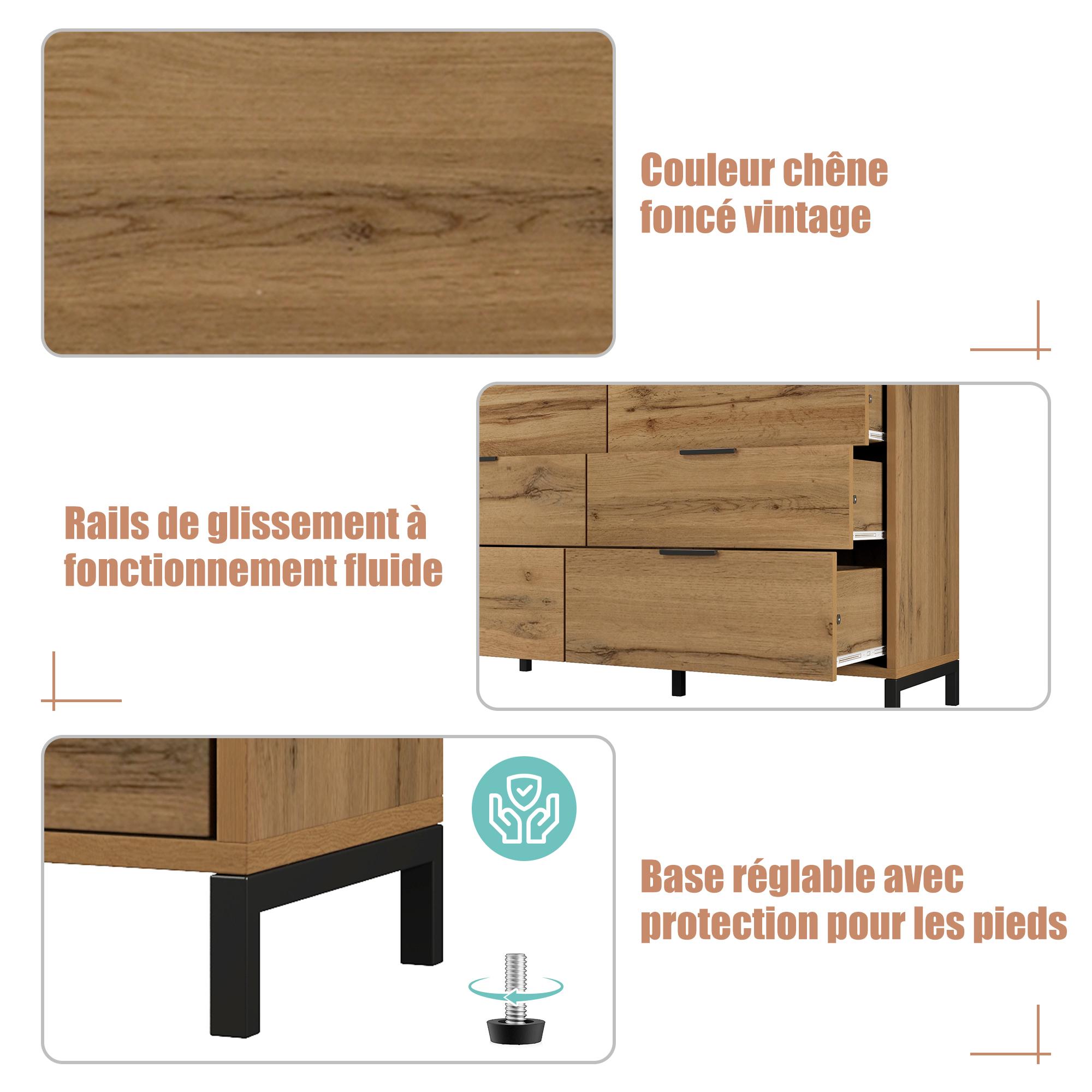 Commode, avec tiroirs, 120 x 40 x 76 cm, panneaux de particules, chêne - vue 5