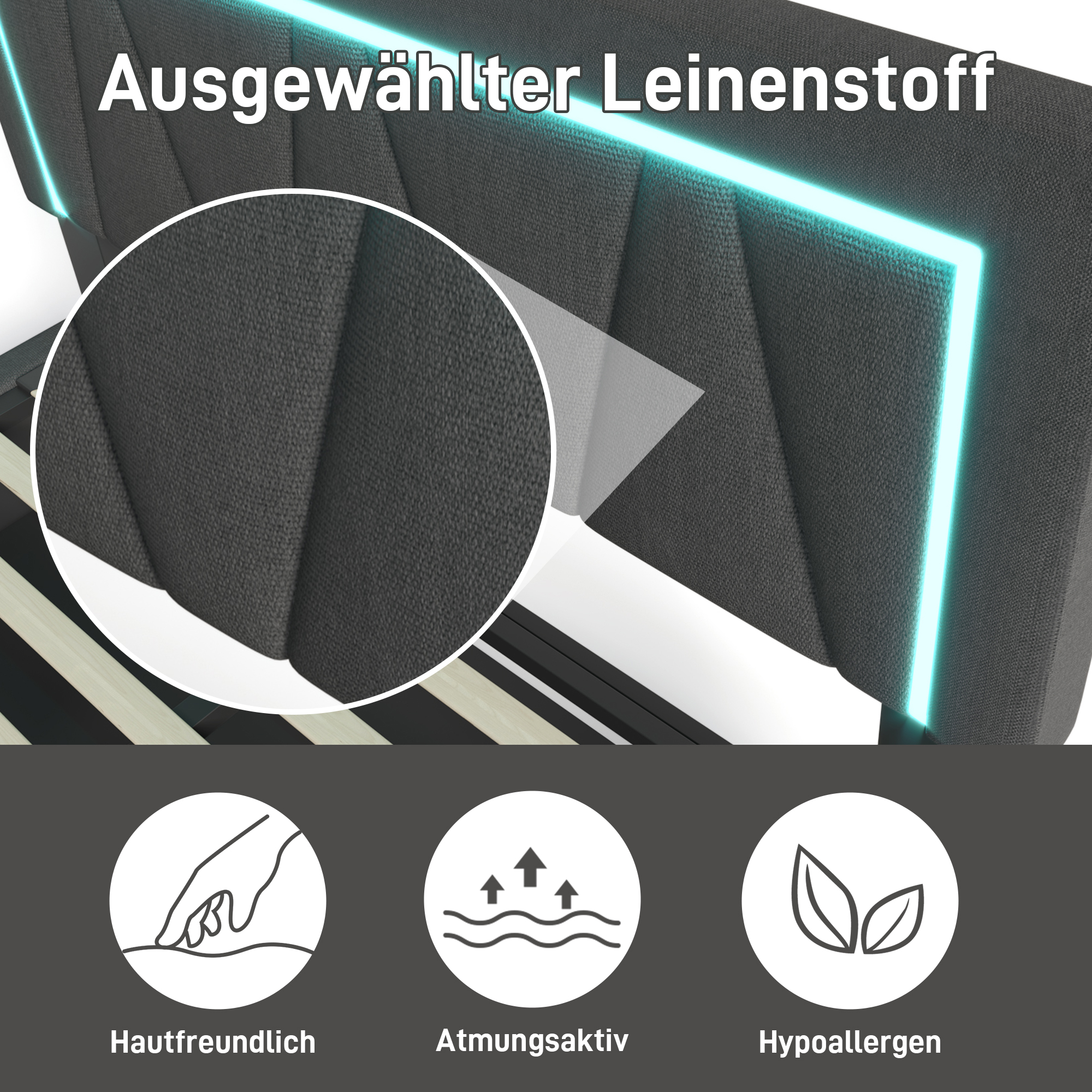 Polsterbett LED Doppelbett mit USB Typ C Ladefunkt