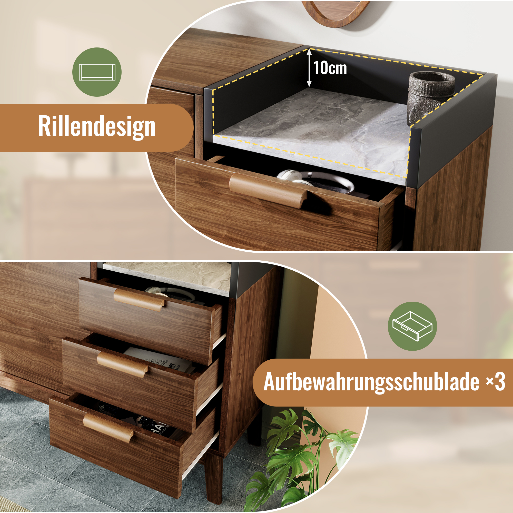 Meuble de rangement, hauteur réglable, avec tiroirs, 120 x 40 x 77 cm, bois massif, chêne - vue 2