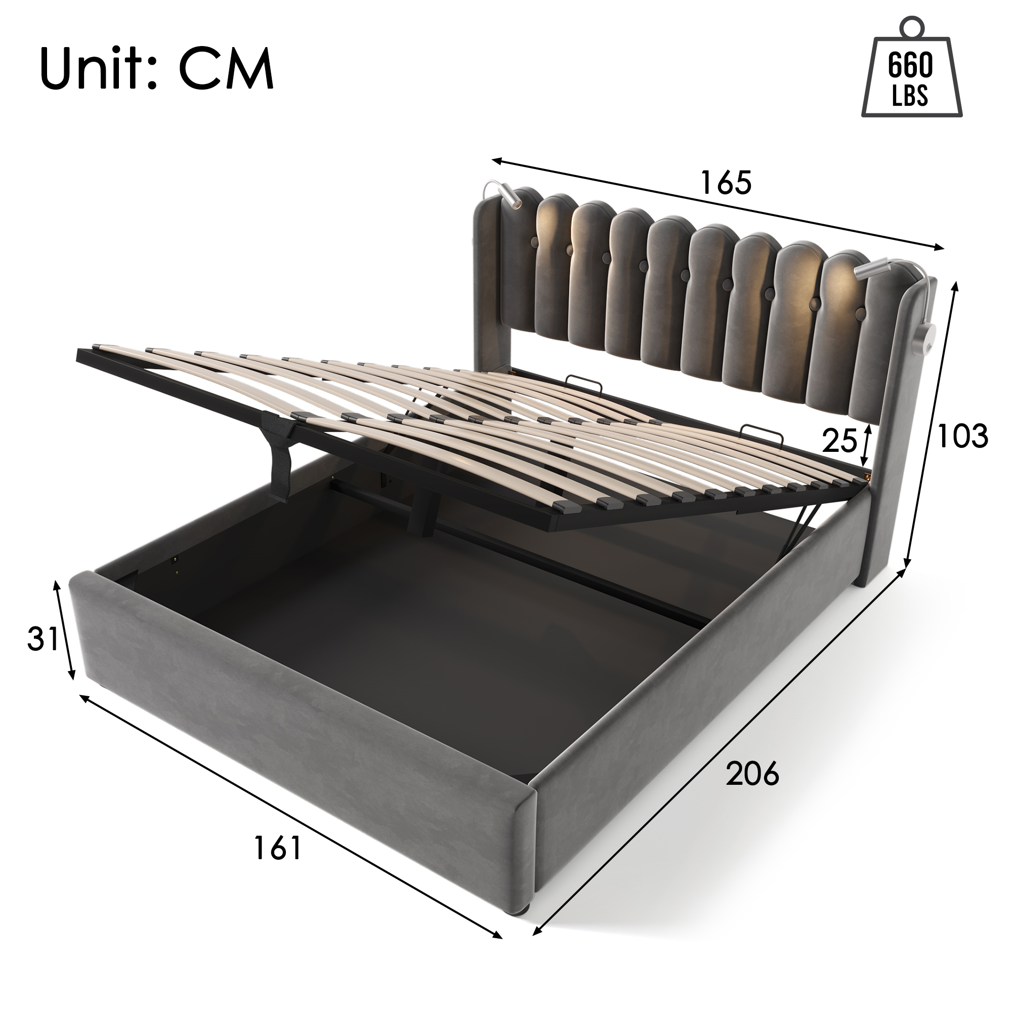Polsterbett Doppelbett Leselicht mit Ladefunktion 