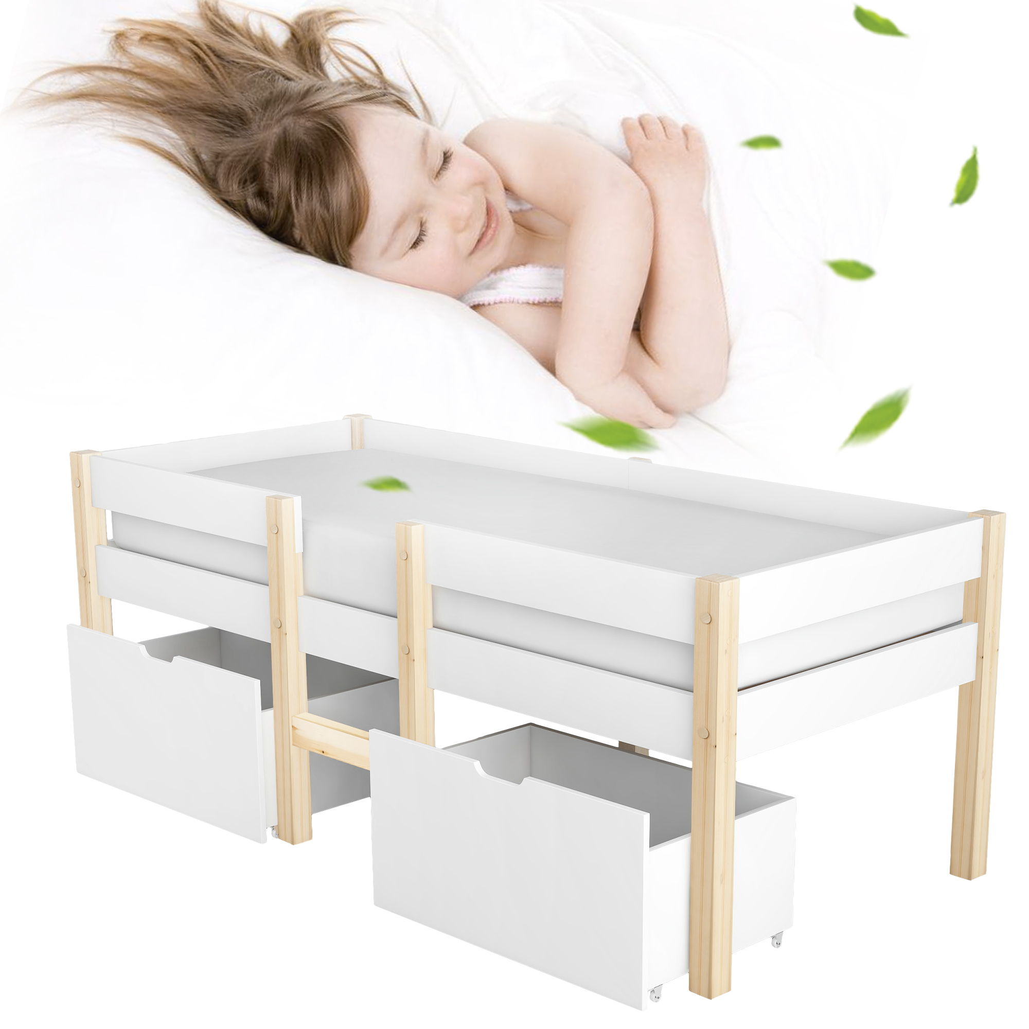 Bett Kinderbett mit Schublade und Rausfallschutz, 