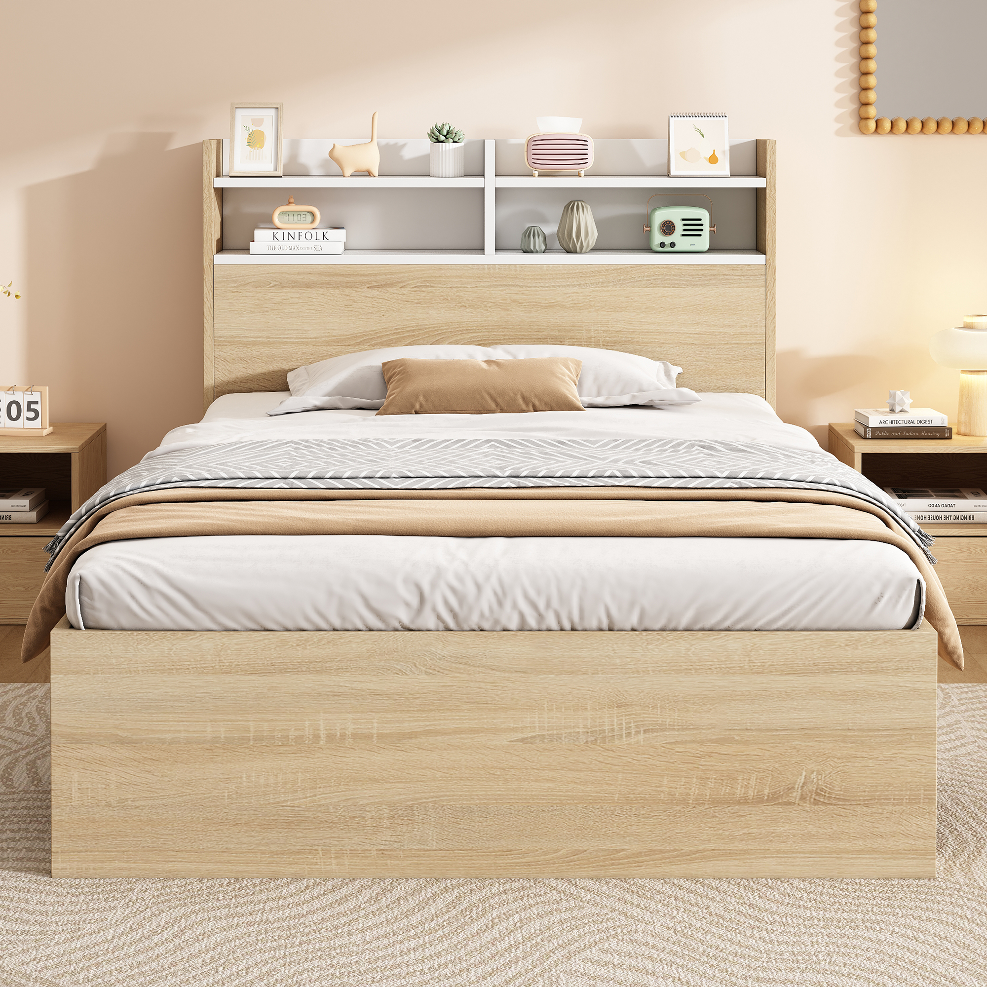 Lit simple 90x190 chene blanc rangements