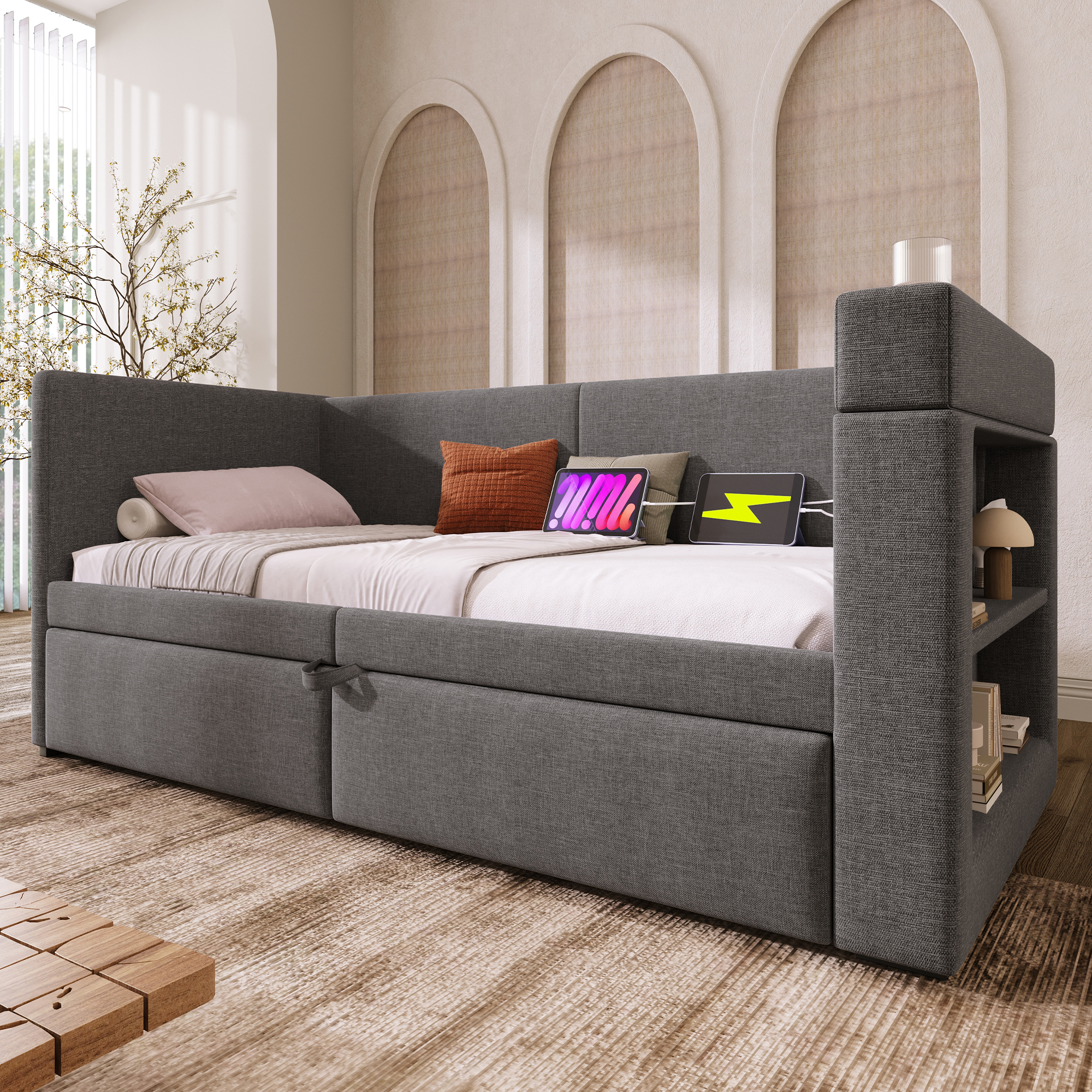 Canapé-lit avec lit escamotable, accoudoirs interchangeables, tissu lin-coton, roulettes et sangles, pour salon et chambre, utilisation flexible, confort toute saison, gain de place, design pratique - image 8