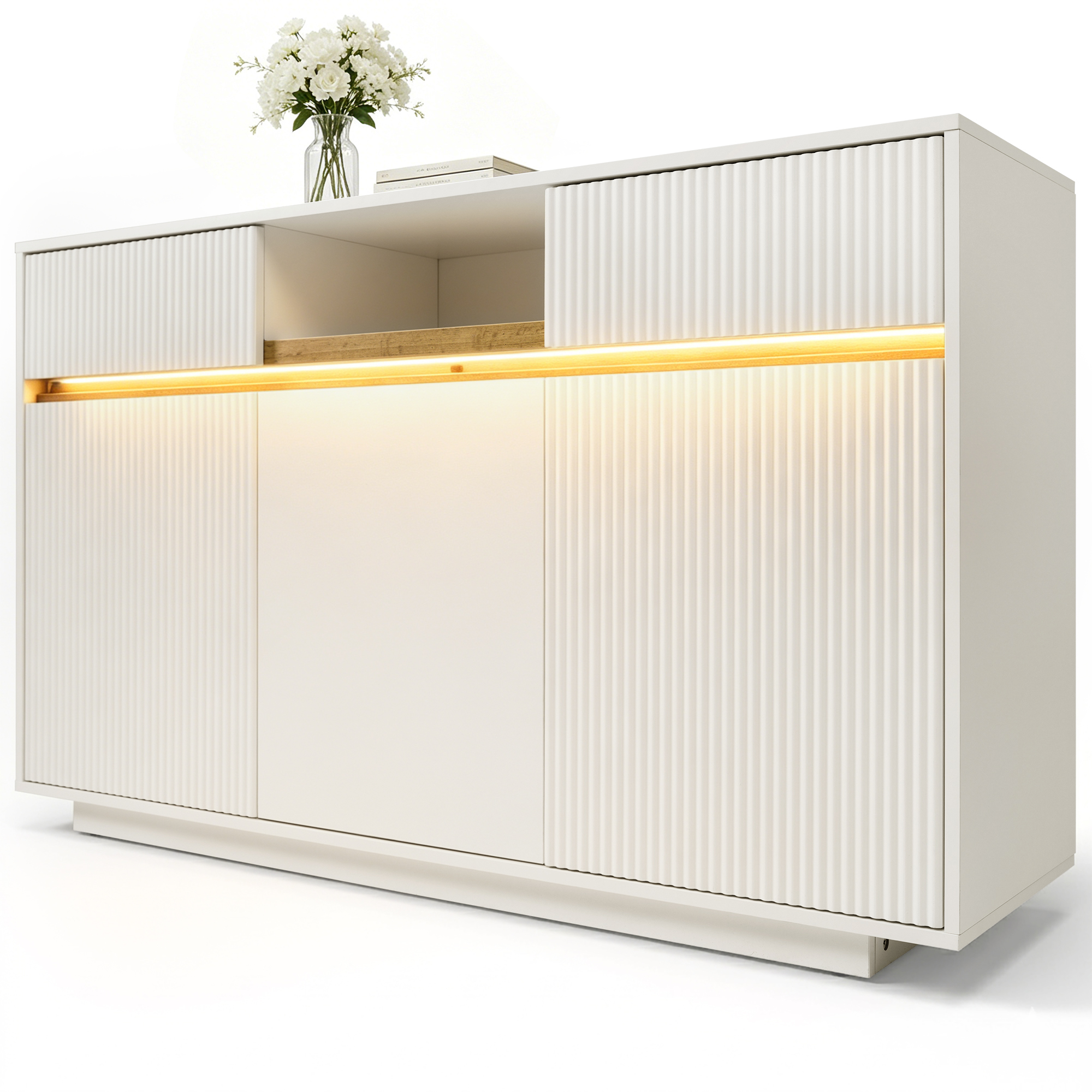 Commode, éclairage LED, avec tiroirs, 140 x 40 x 85 cm, bois, blanc - vue 3