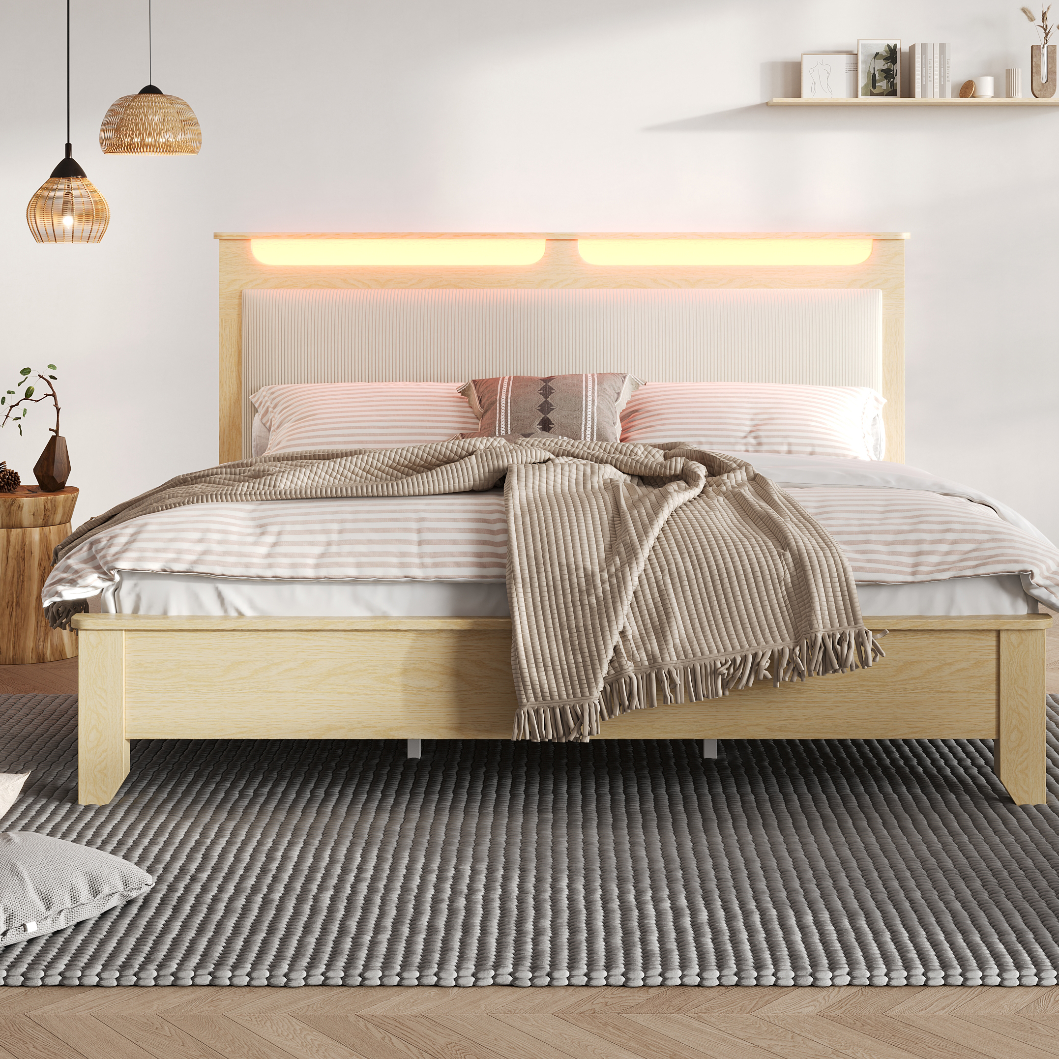 Lit, éclairage LED, tête de lit, 180 x 200 cm, velours côtelé, beige - vue 7