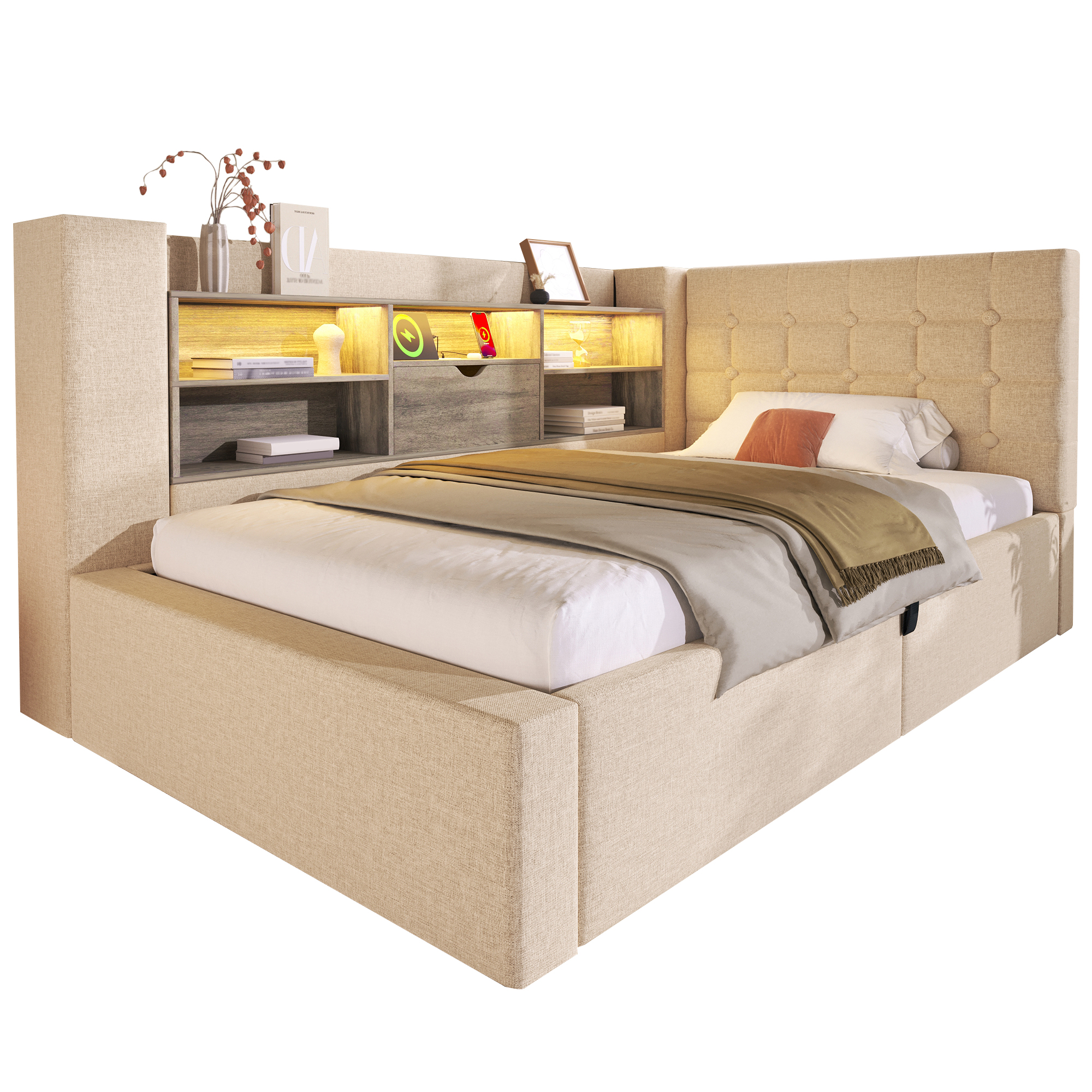 Lit rembourré, éclairage LED, tête de lit, 90 x 200 cm, tissu, beige - vue 4