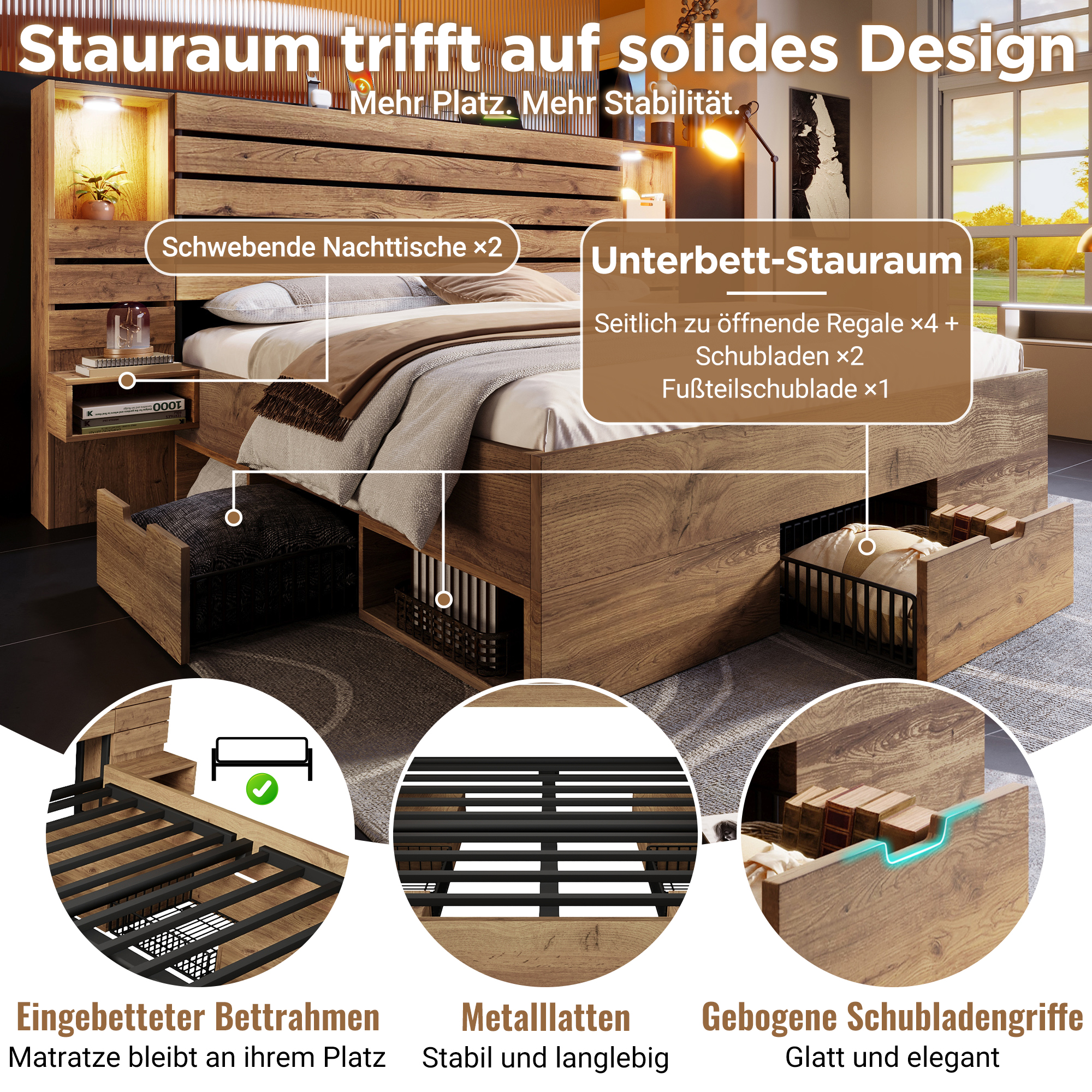 Holzbett Doppelbett 180x200 cm mit LED-Downlights 