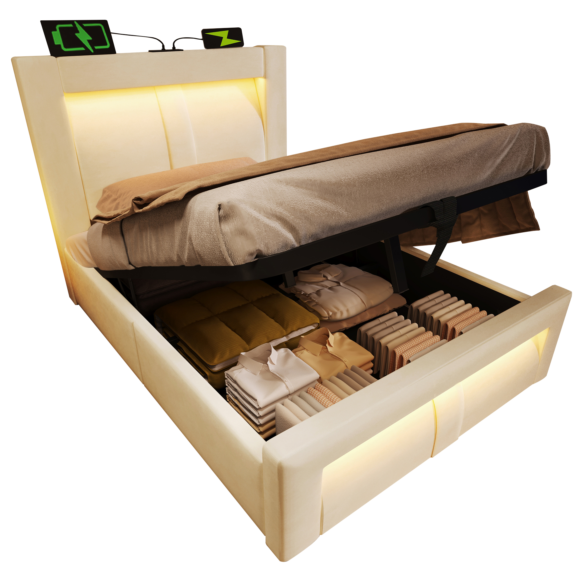 Détails de Lit coffre rembourré en velours 90 x 200 cm avec rangement hydraulique, LED, ports USB-C et sommier à lattes, Beige, sans matelas