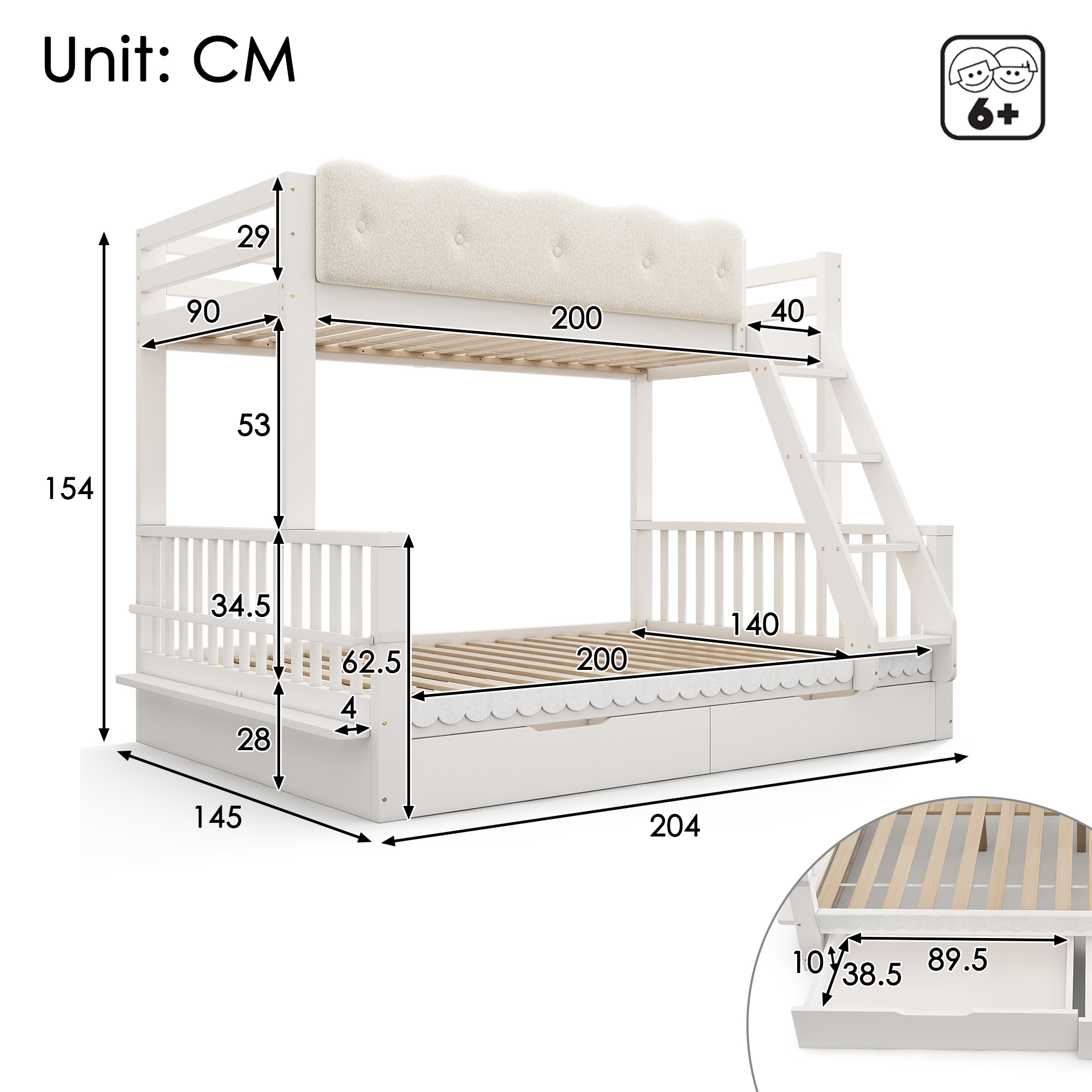 Dimensions du lit superposé 90x200 et 140x200 cm