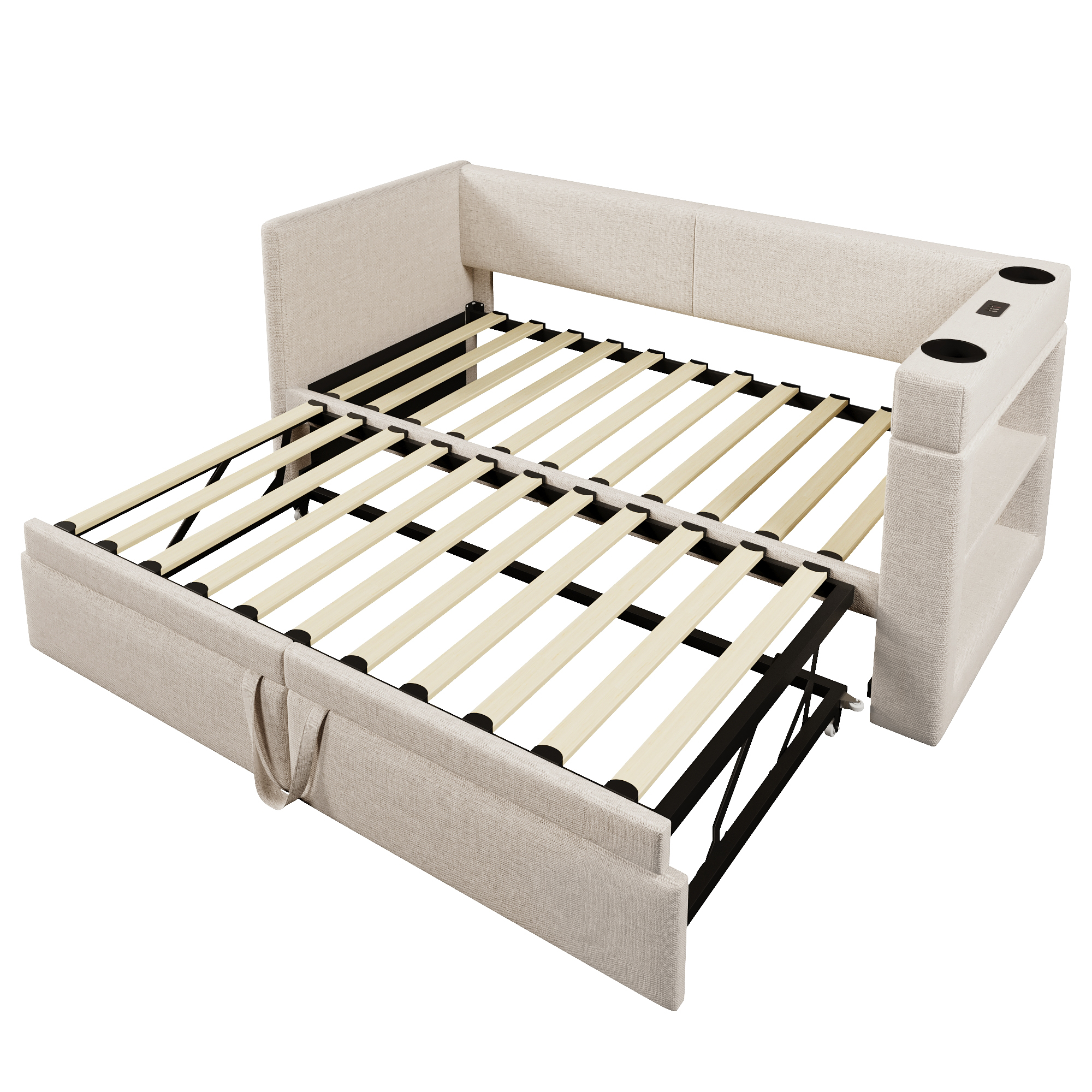 Canapé-lit escamotable, accoudoirs interchangeables, tissu lin-coton, roulettes et sangles, pour salon et chambre, utilisation flexible, confort toute saison, gain de place, design pratique moderne - image 20