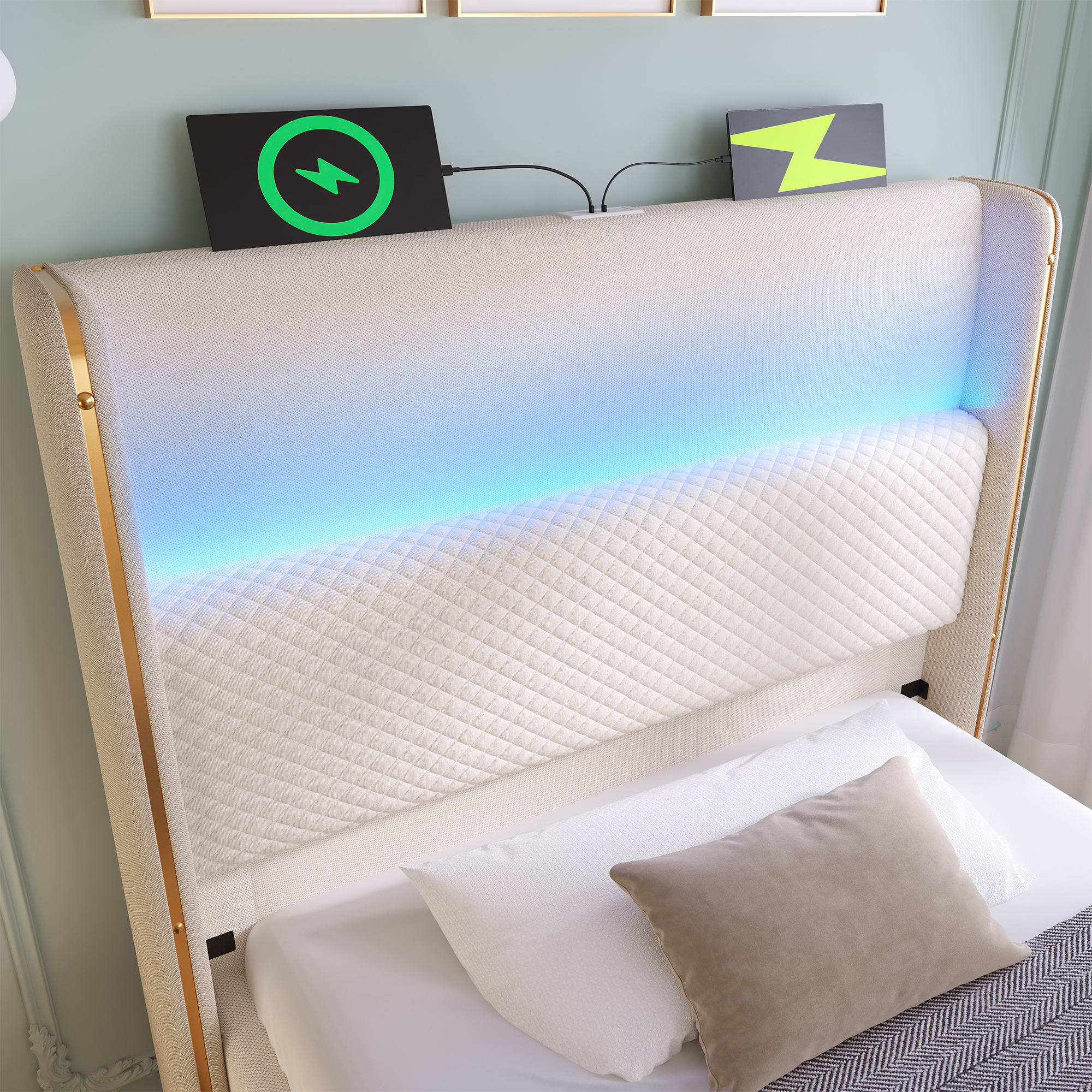 Lit coffre rembourré 90 x 200 cm avec toboggan, LED, ports de charge, rangement hydraulique, lin, Beige - vue complémentaire