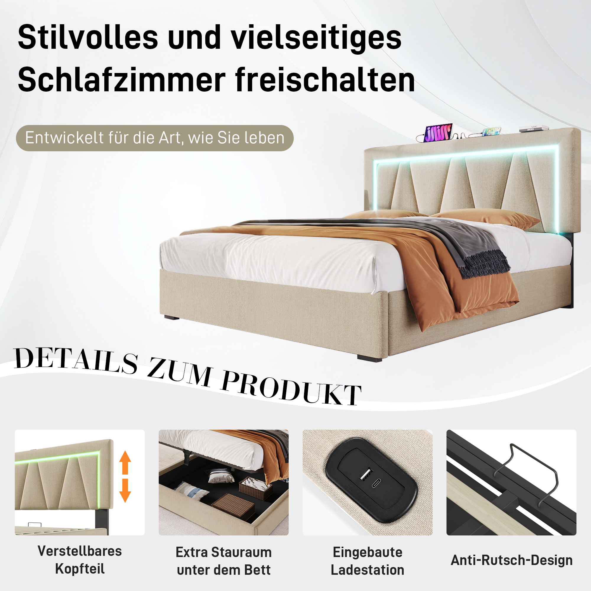 Polsterbett LED Doppelbett mit USB Typ C Ladefunkt